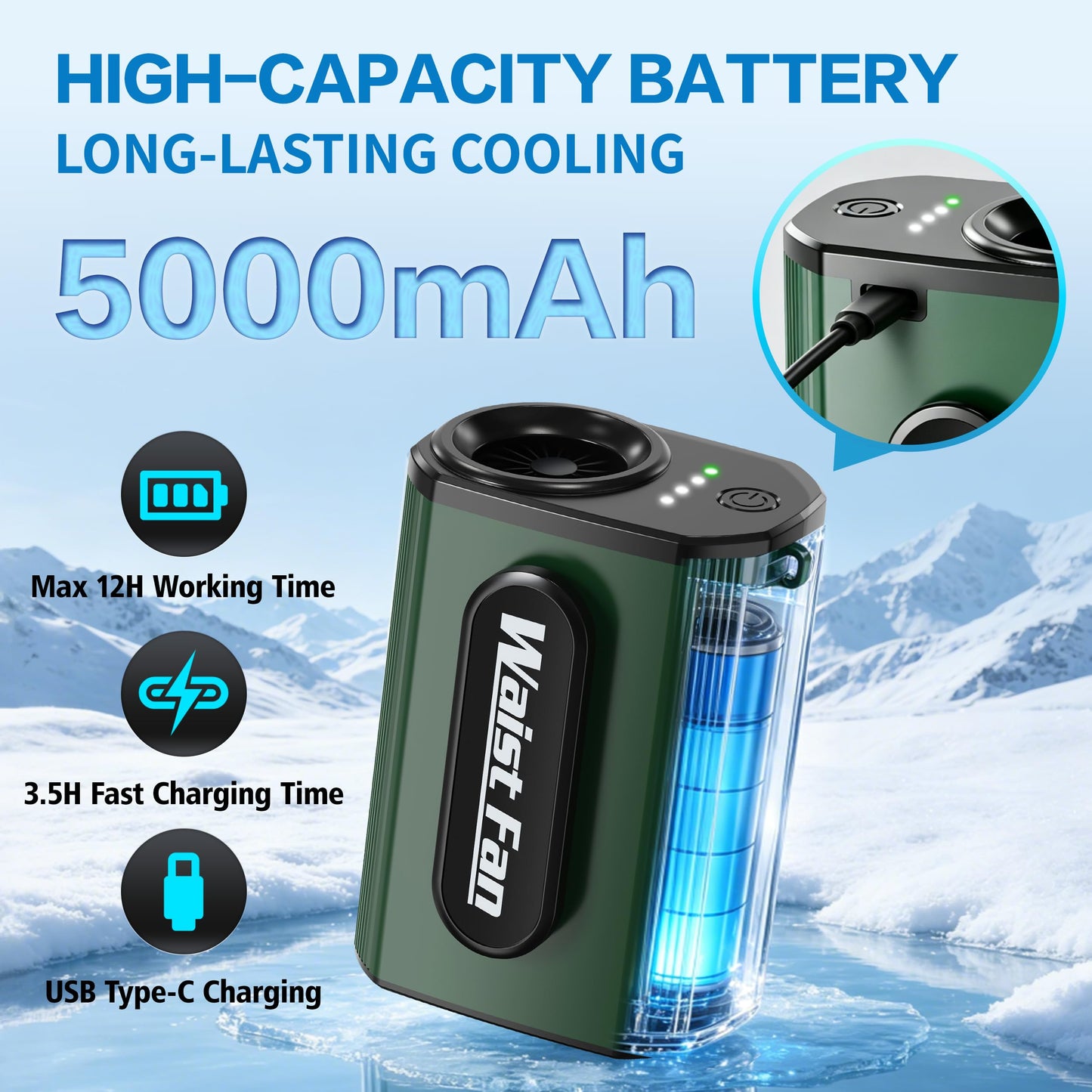 Waist Fan Portable Clip on 17500RPM, Lightweight Belt Fan Rechargeable, Hands Free Personal Cooling Mini Neck Fan for Men Women Outdoor Jobsite