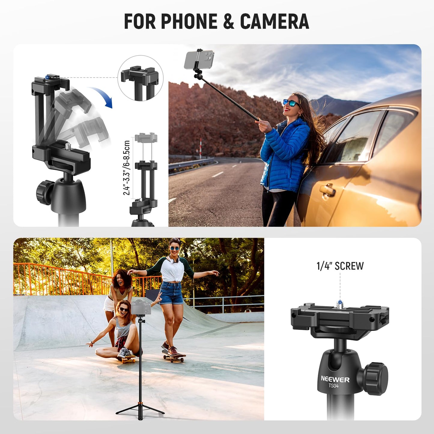 NEEWER Basics 59" Selfie Stick Tripod Compatible with iPhone DLSR Canon Sony Camera, Small Metal Portable Travel Desk Stand for Video Recording