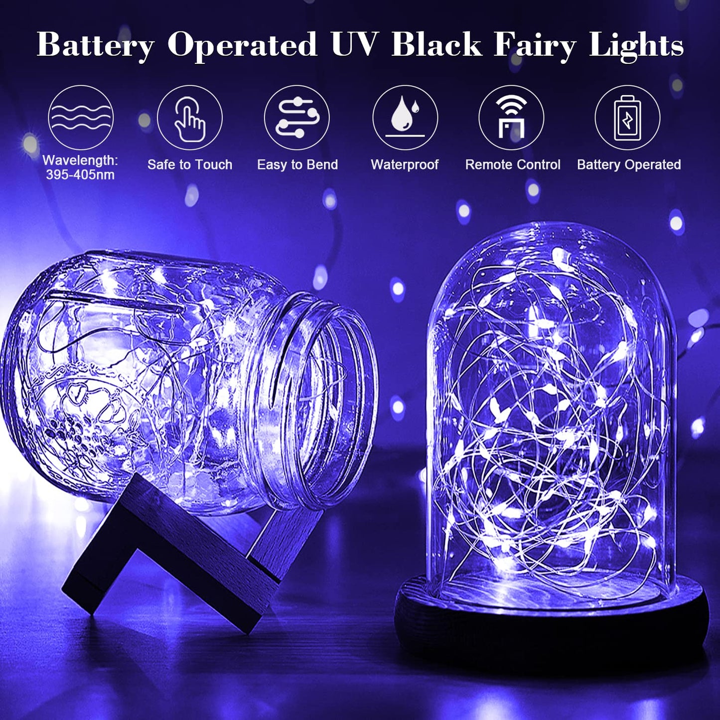 2 Pack 32.8 Ft 100 Led Black Light Fairy Lights,Smacen UV fairy Lights Battery Operated with Remote & Timer, 8 Modes UV Black String Lights for Glow