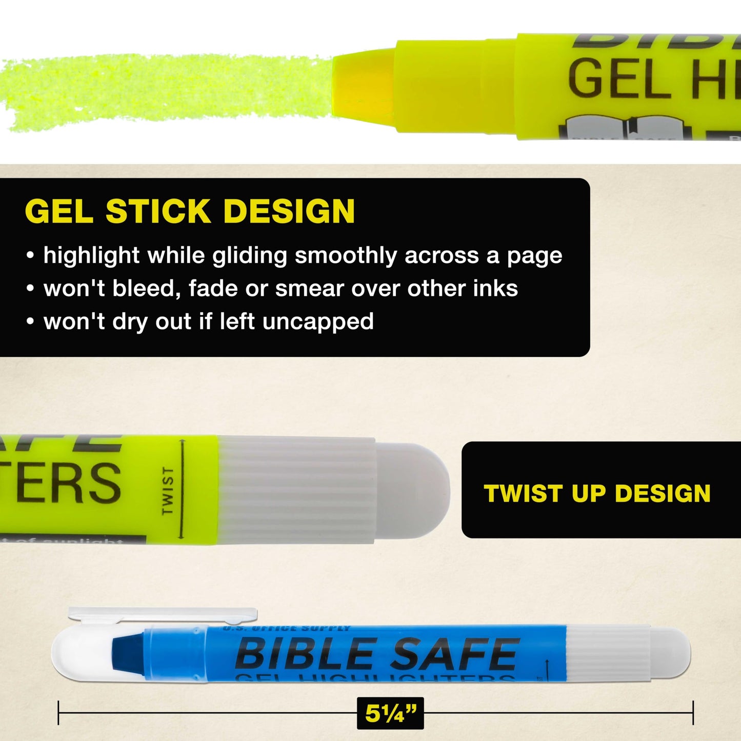 U.S. Office Supply Bible Safe Highlighter Set of 6 Bright Flouresent Colors, Dry Bible Highlighters No Bleed, Fade or Smear, Safe Gel Markers