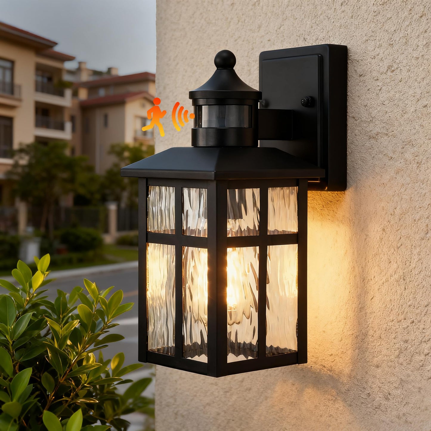Edvivi Outdoor Wall Lights Exterior, Dusk to Dawn Motion Sensor Outdoor Lighting Fixture with Water Glass, 12 in. H 1-Light Matte Black Waterproof