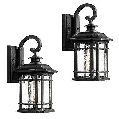 Emliviar Outdoor Wall Lanterns 2 Pack, 1-Light Exterior Wall Mount Light, Black Finish with Clear Seedy Glass, 2084B-2BK