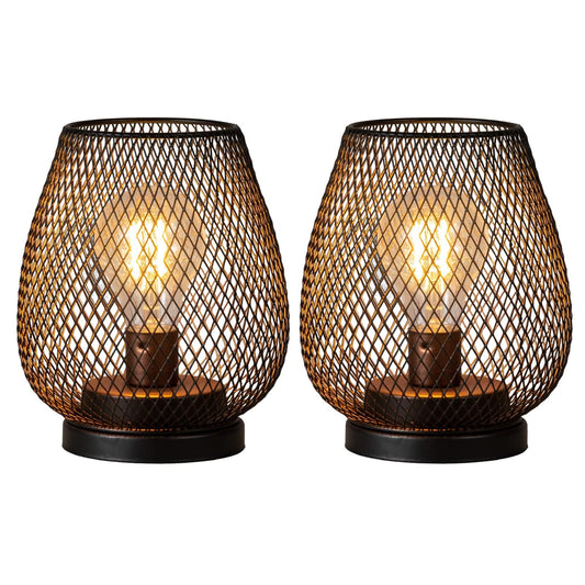 DECORKEY Set of 2 Battery Operated Lamp LED Table Lantern, Brown Metal Cage Cordless Lamps with LED Bulb?Vintage Decorative Outdoor Lantern