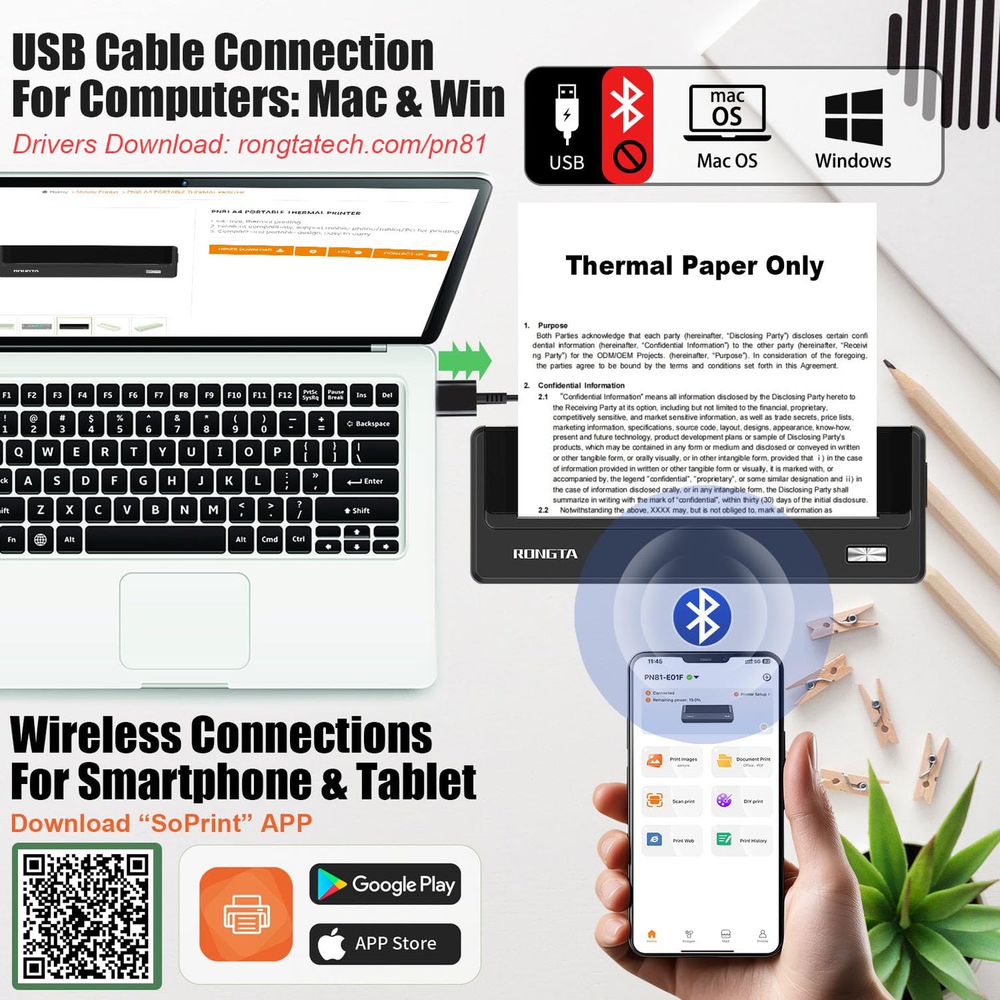 Portable Printer Wireless, Bluetooth WiFi Printers for Home Use, Small Inkless Thermal Printer for Travel, Supports 8.5" x 11" US Letter&A4 Size