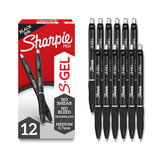 Sharpie S-Gel Gel Pens, Black Barrel, Medium Point (0.7mm), Black Gel Ink, 12 Count - Home, Office, School, Journaling, Writing, Note-Taking, Teacher