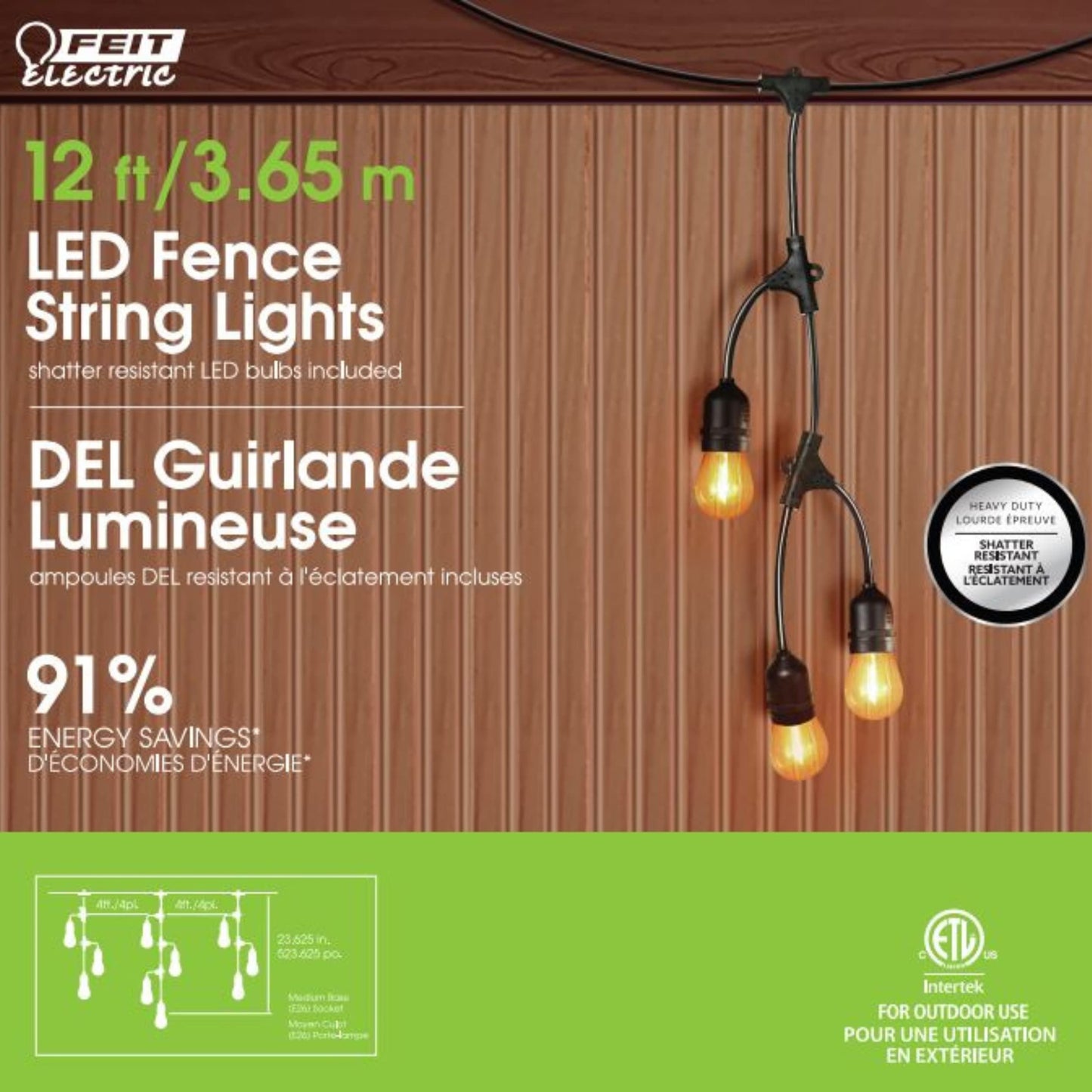 Feit Electric 12ft LED Outdoor Fence String Lights, 10 Sockets, 12pc. S14 LED Bulbs Included, E26 Base, 10 Watts, 2200K, Amber, SLM12-10/FIL