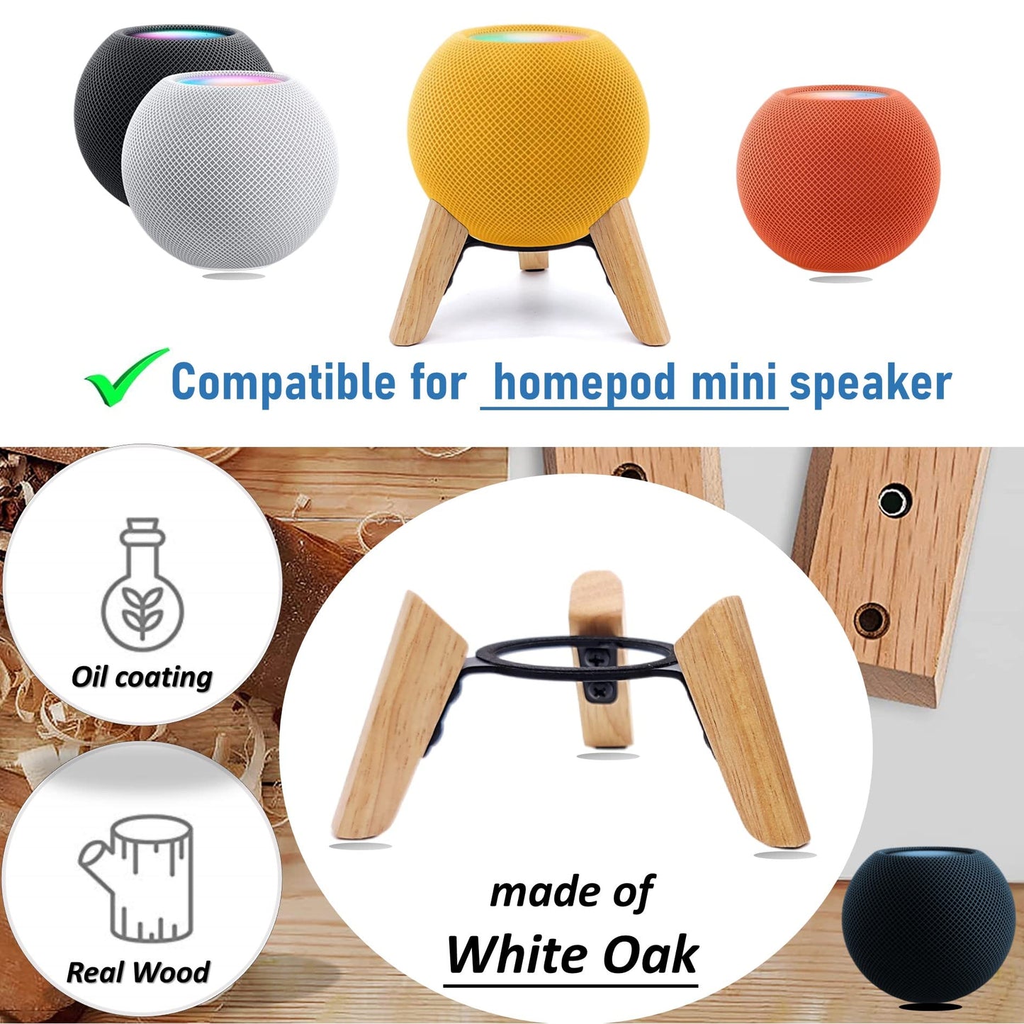 Real Wood Stand for Homepod mini,Wooden Tripod with Metal Frame,Safe Stable Holder Mount with Anti-Slip Silicone pad Protects Home pod mini Smart