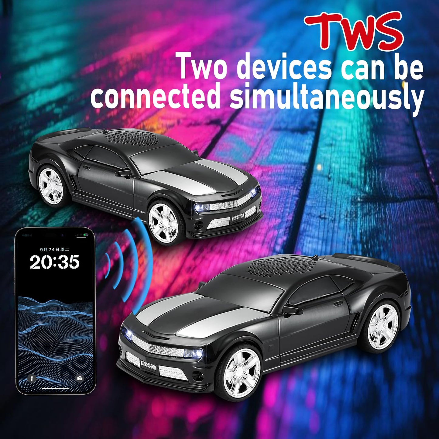 WSTER WS-592 Supercar Design Bluetooth Replica Speaker - Portable Car Model Wireless Speaker with TWS Stereo, FM Radio, LED Party Lights, USB/TF