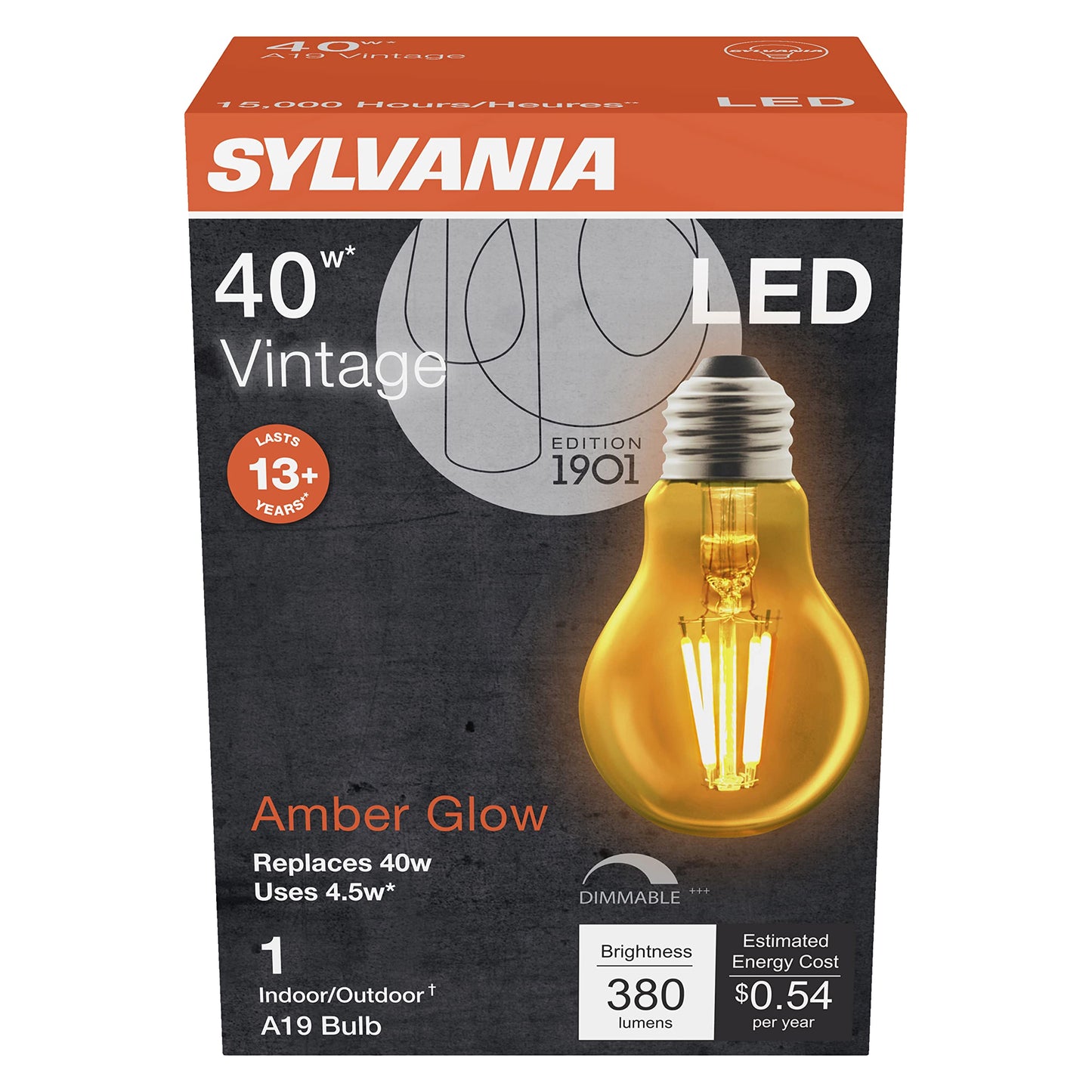Sylvania A19 LED Vintage Light Bulb, 40W Equivalent Efficient 4.5W, 13 Year, 380 Lumens, Dimmable, Amber Glow - 1 Pack (75347)