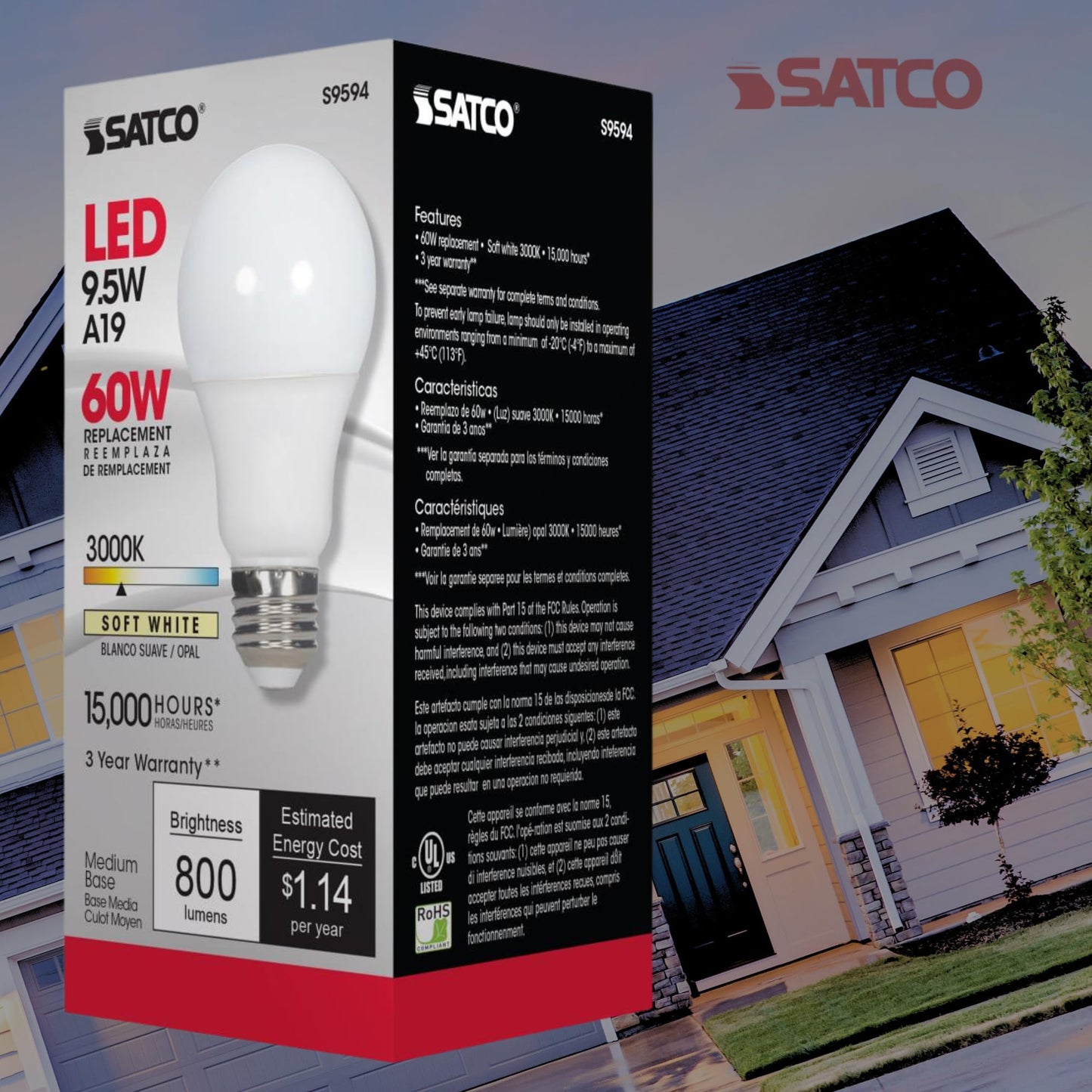 Satco S9594 9.5W A19 LED Bulb, 3000K Soft White, E26 Medium Base, 800 Lumens, Frosted Finish, 220° Beam Angle, Non-Dimmable, Enclosed Fixture Rated