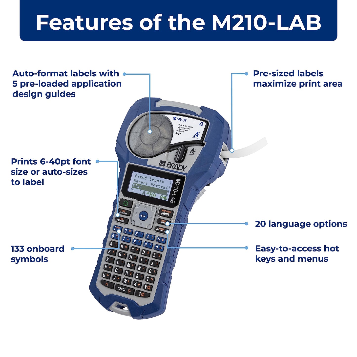 Brady M210-LAB Portable Label Printer, Blue/Gray, 9.5 in H x 4.5 in W x 2.5 in D