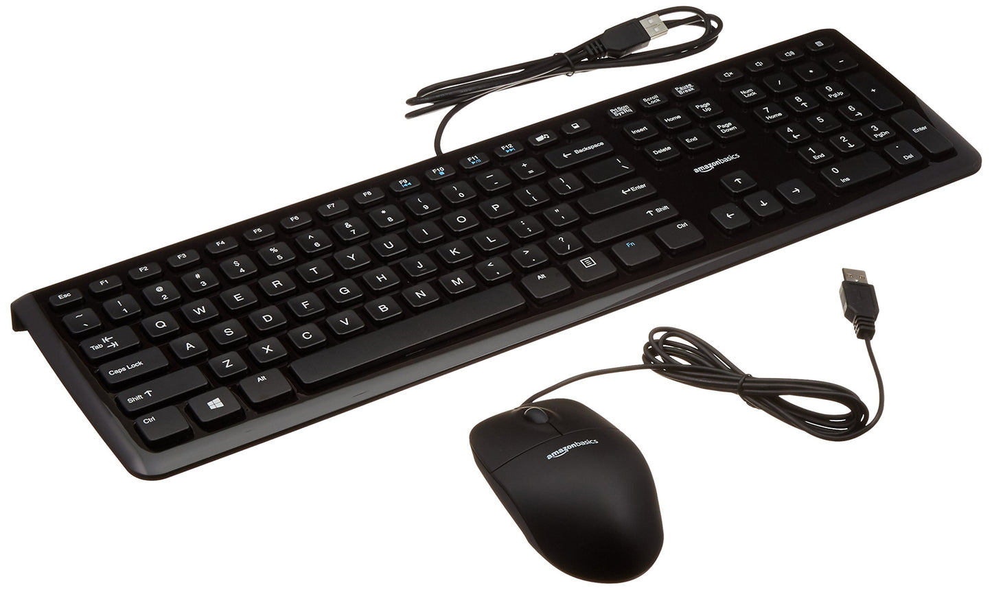 Amazon Basics USB Wired Computer Keyboard and Mouse Bundle Pack, Plug and Play, Black, 10-Pack