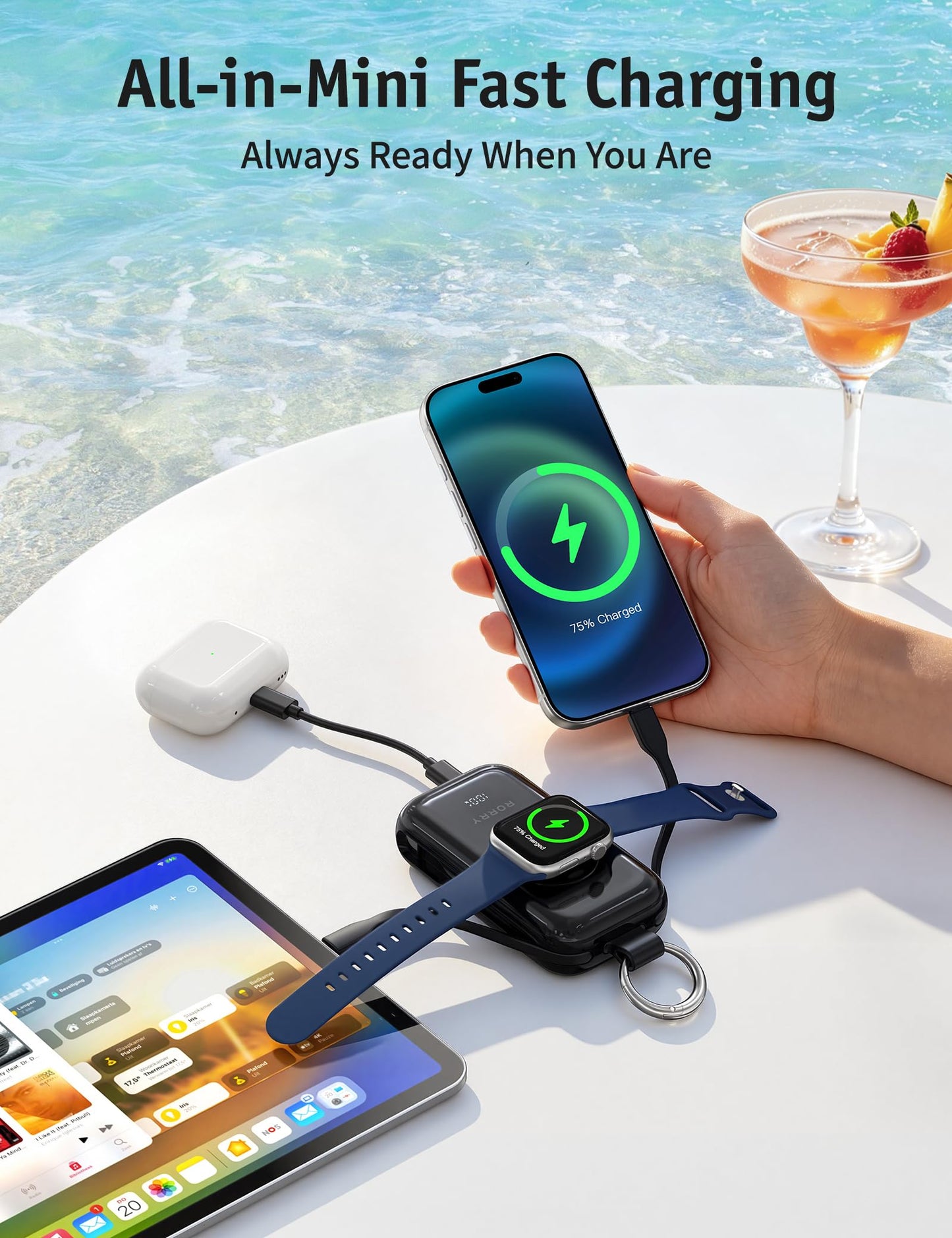RORRY CharmGo Portable Charger 45W Fast Charging, 10000mAh Keychain Power Bank with Built-in Cables, Battery Pack for iPhone 17/16/15/14/13/12/11