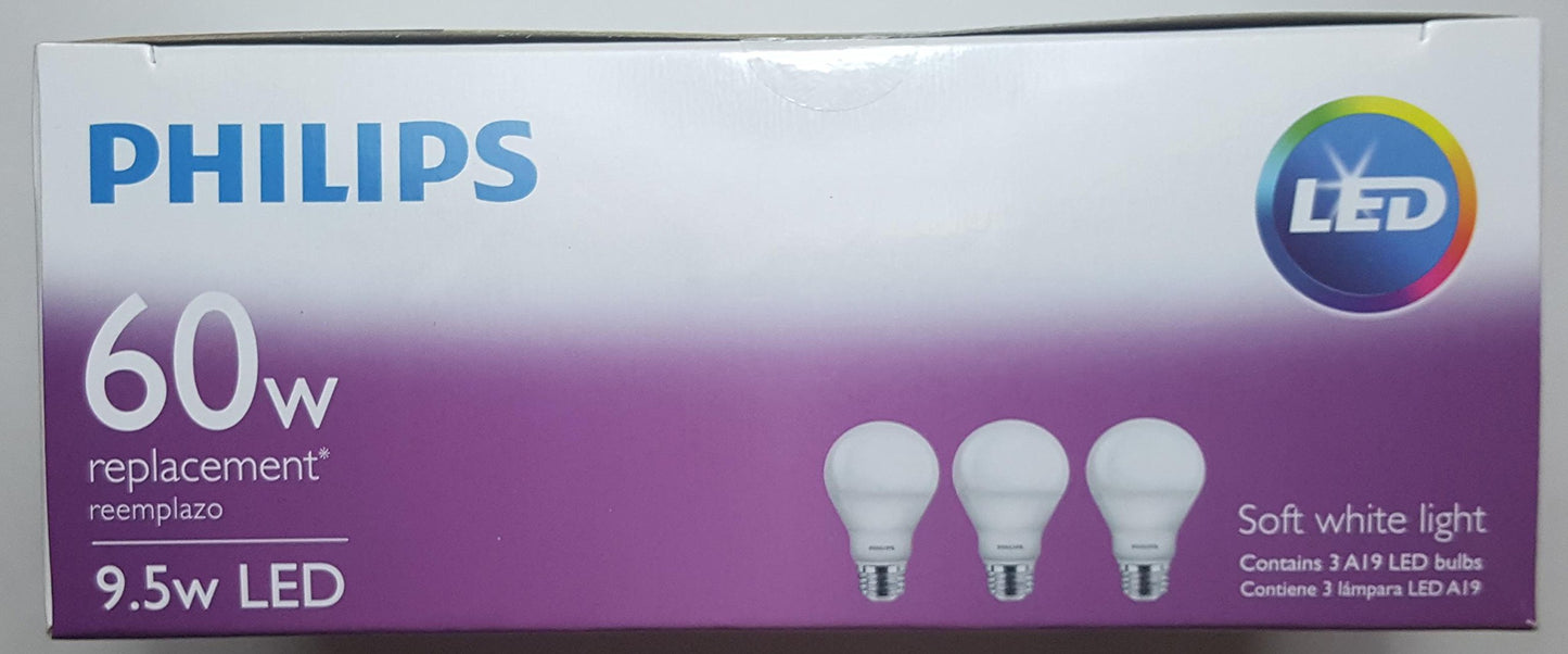 Philips 60 Watt Equivalent 9.5 Watts A19 LED Light Bulb, Dimmable, Warm Glow, Suitable for Damp Locations, 3-Pack
