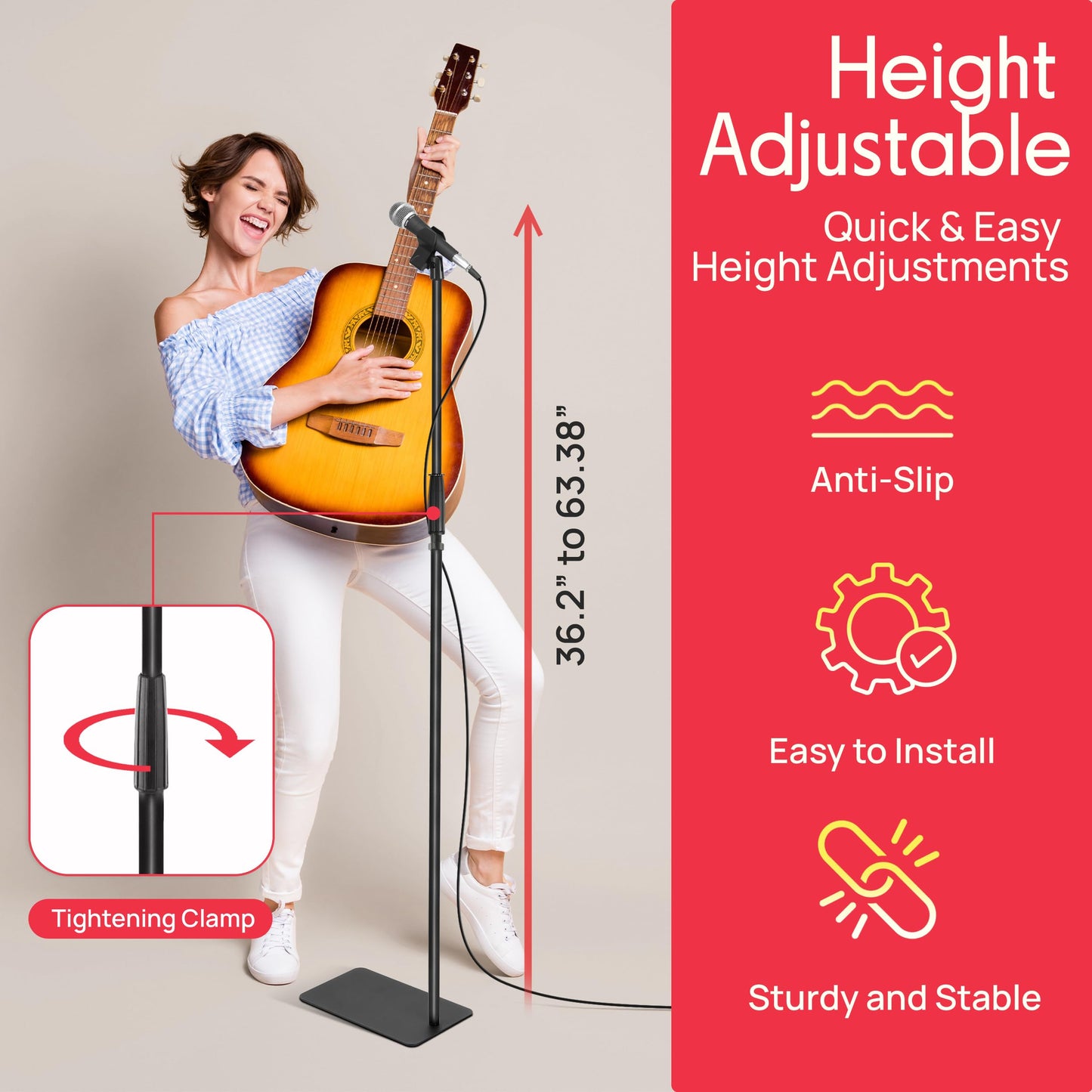 Pyle Square Base Microphone Stand with Mic Clip - Heavy Duty, Height Adjustable, 36.2" to 63.38'', Solid Die-Cast Base, Studio & Concert Use