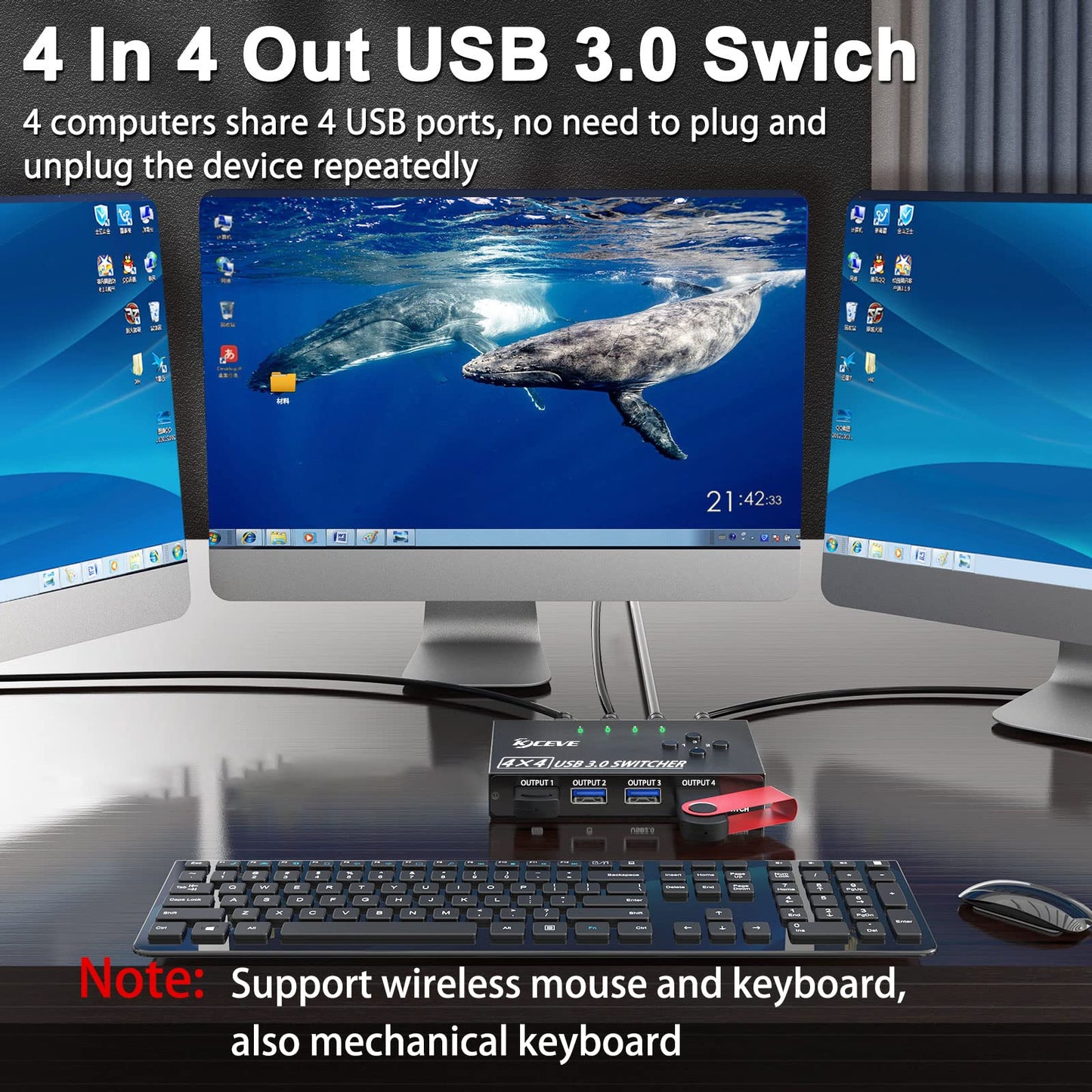 USB 3.0 Switch Selector 4 Port,MLEEDA KVM Switcher 4 Computers Sharing 4 USB Devices,USB Peripheral Switcher for Keyboard Mouse Printer Scanner,with