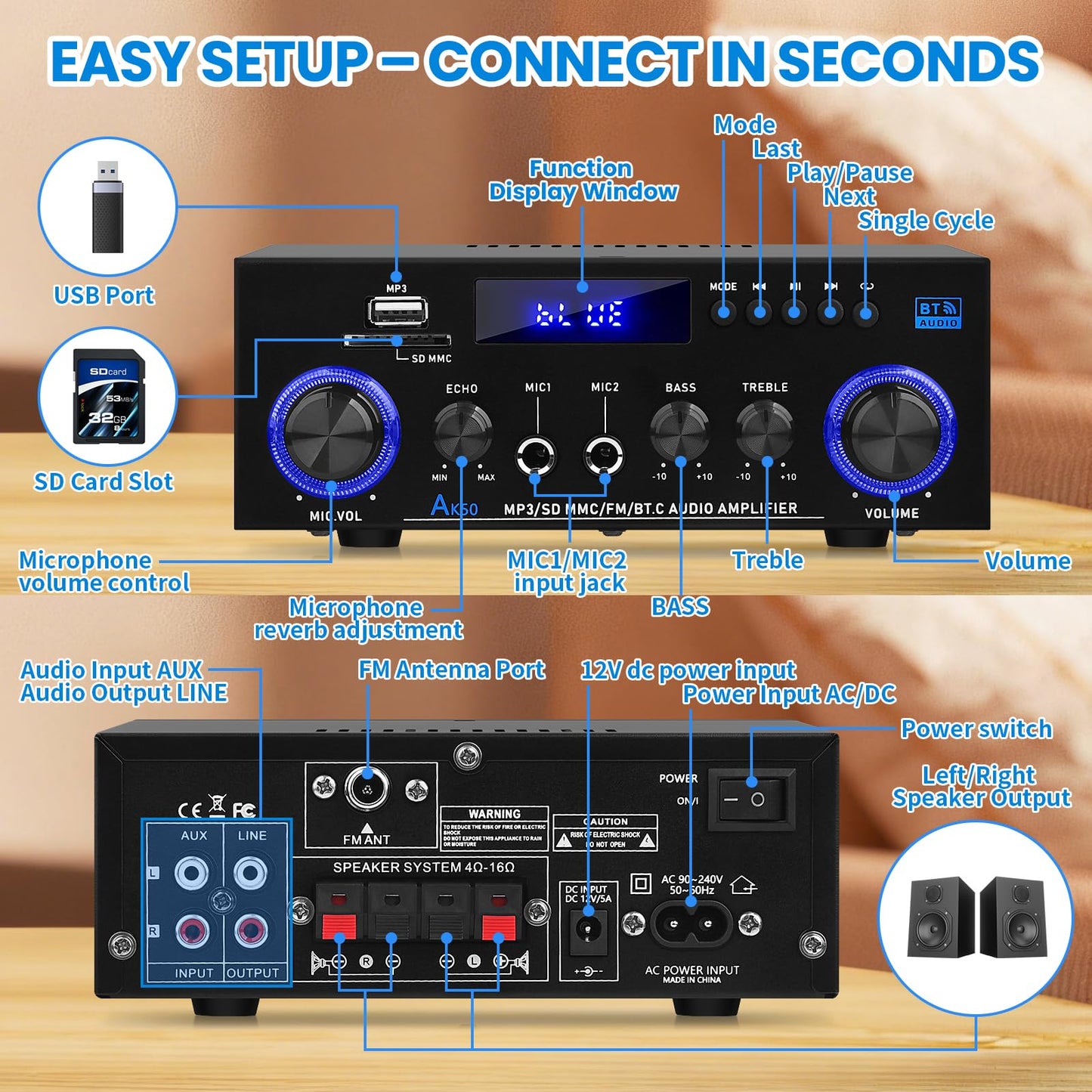 AK50 Amplifier Home Audio, 400W Home 2 Channel Bluetooth 5.0 Power Receivers Amp Subwoofer Output,Mini Speaker FM Radio,USB/SD Card/Aux/Mic in