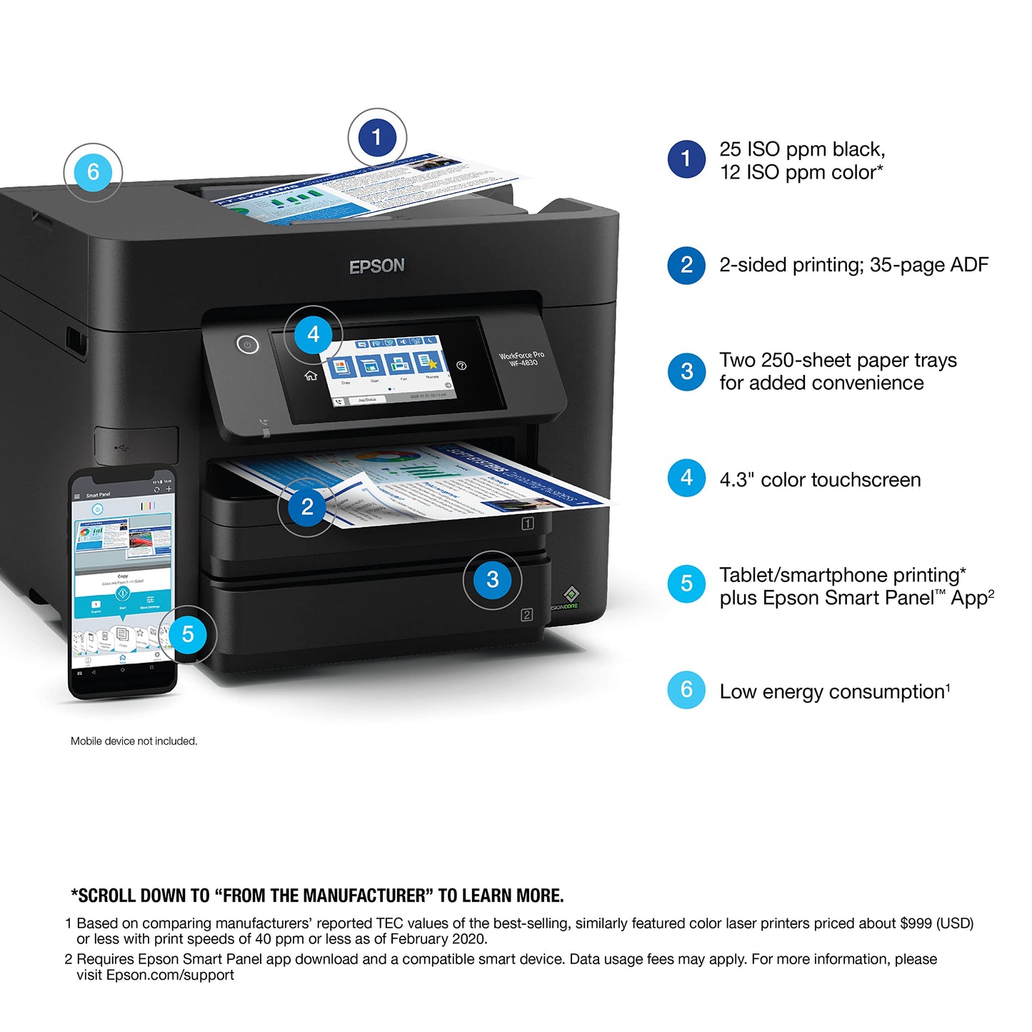 Epson Workforce Pro WF-4830 Wireless All-in-One Printer, Auto 2-Sided Print Copy, Scan/Fax, 50-Page ADF, 500-sheet Paper Capacity, and 4.3" Color