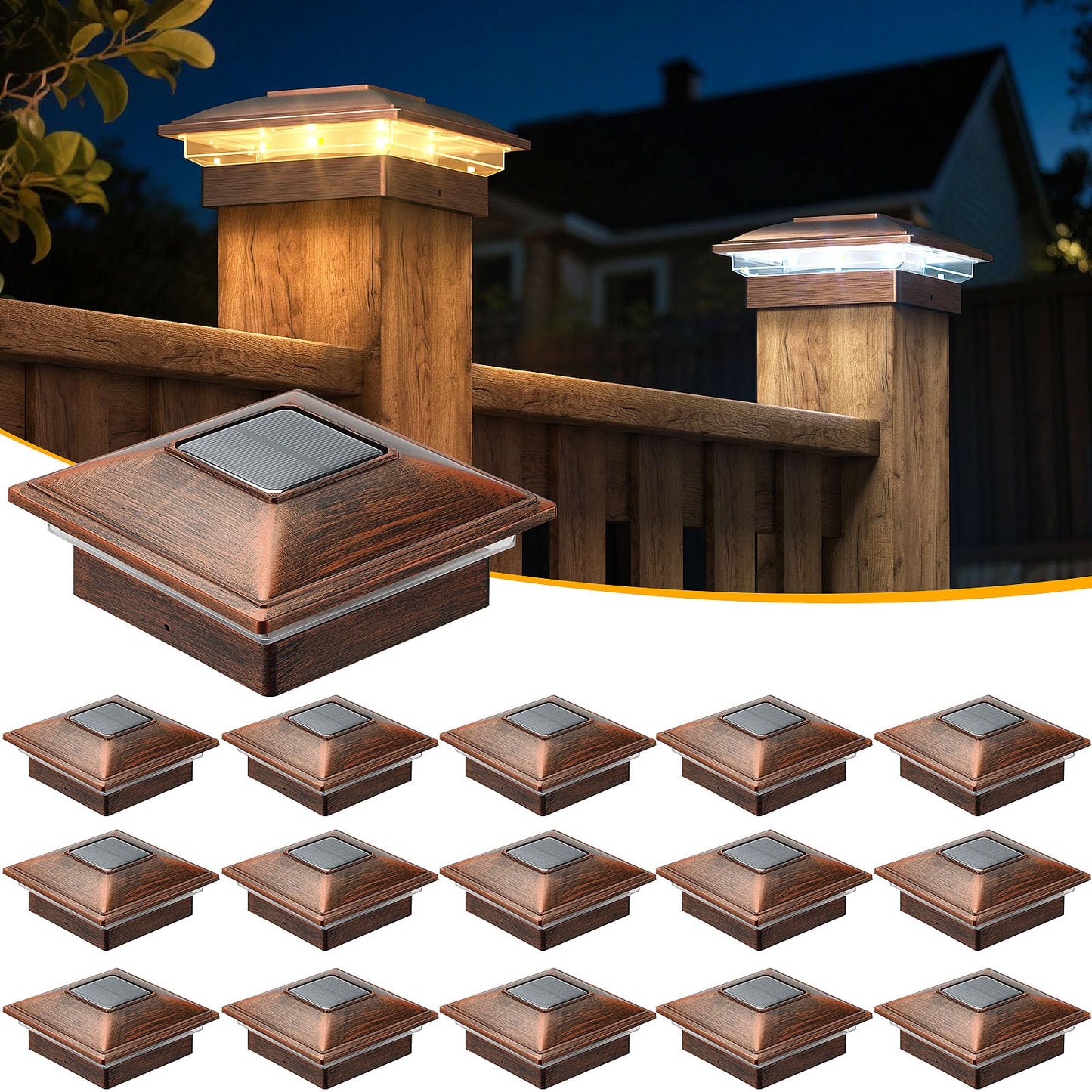 APONUO 16 Pack Fence Post Solar Lights, 2 Modes(Warm/Cool Light) Outdoor Waterproof 4x4 Post Solar Lights, Solar Powered Garden, Patio, Deck Decor