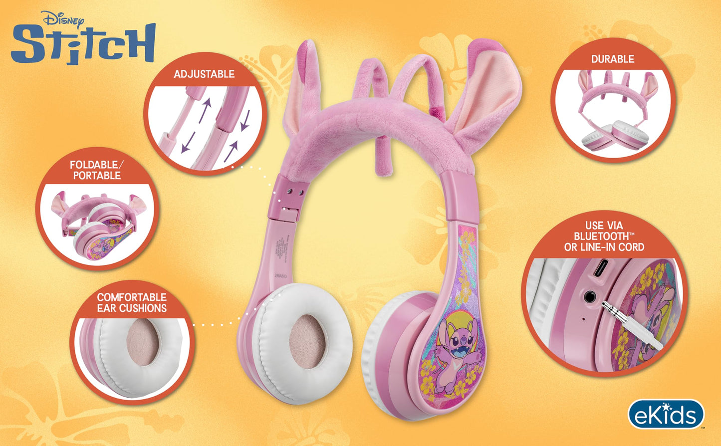 Disney Stitch Angel Bluetooth Headphones for Kids, Wireless Headphones