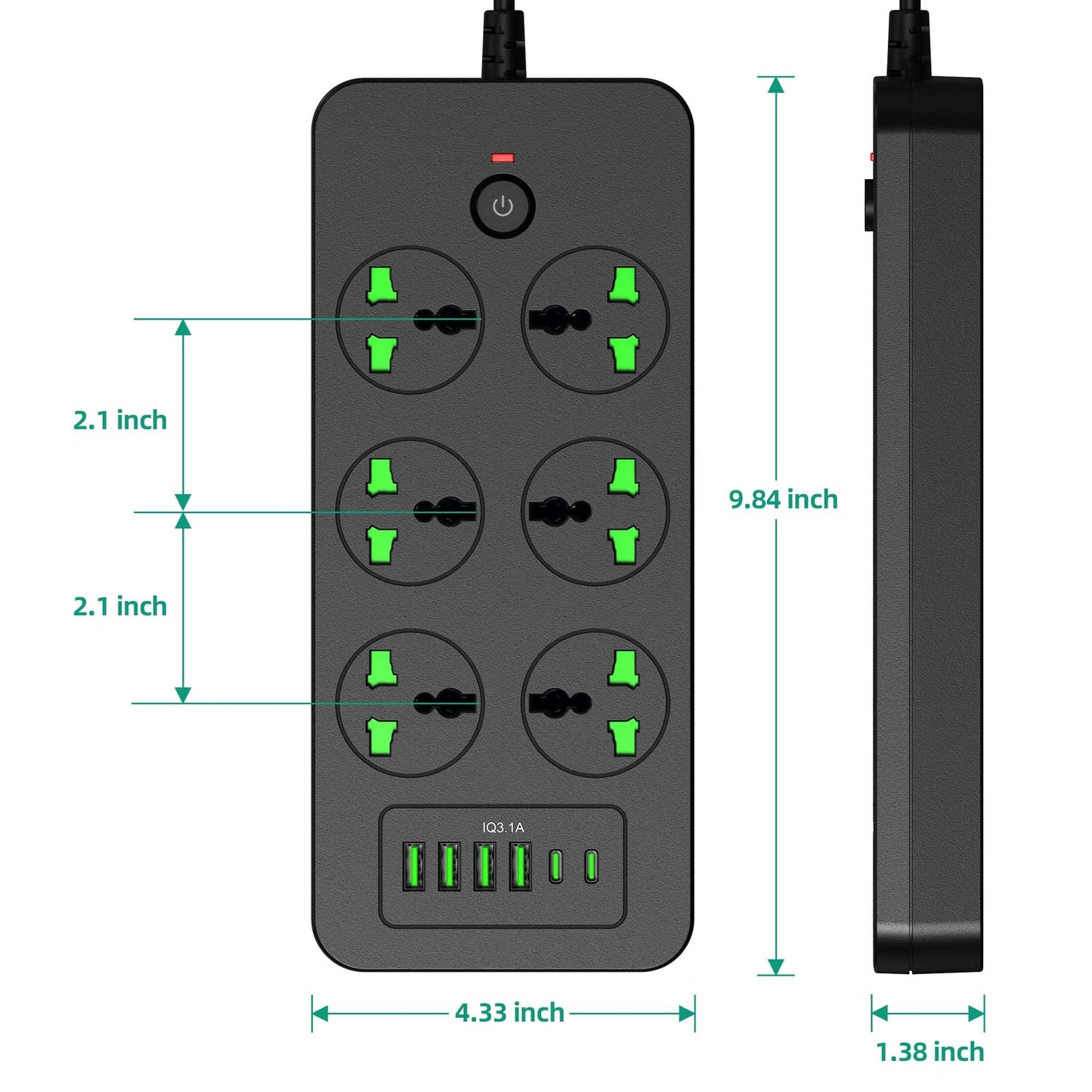 Flat Plug Extension Cord, Universal Power Strip with 6 Outlets 4 USB 2 USB C Ports, 3.1A Fast Charge?Overload Protection, 3000w, 110-240v, Plug