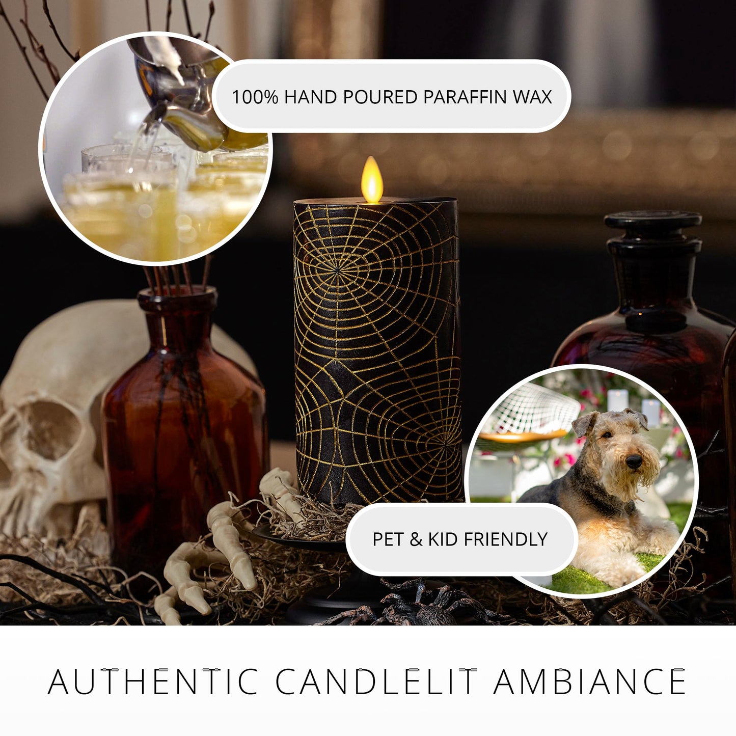 Luminara Spider Flameless LED Candle, Black & Gold 3" x 6.5", Moving Flame Pillar, Battery Operated Timer Real Wax Halloween Gothic Home Decor
