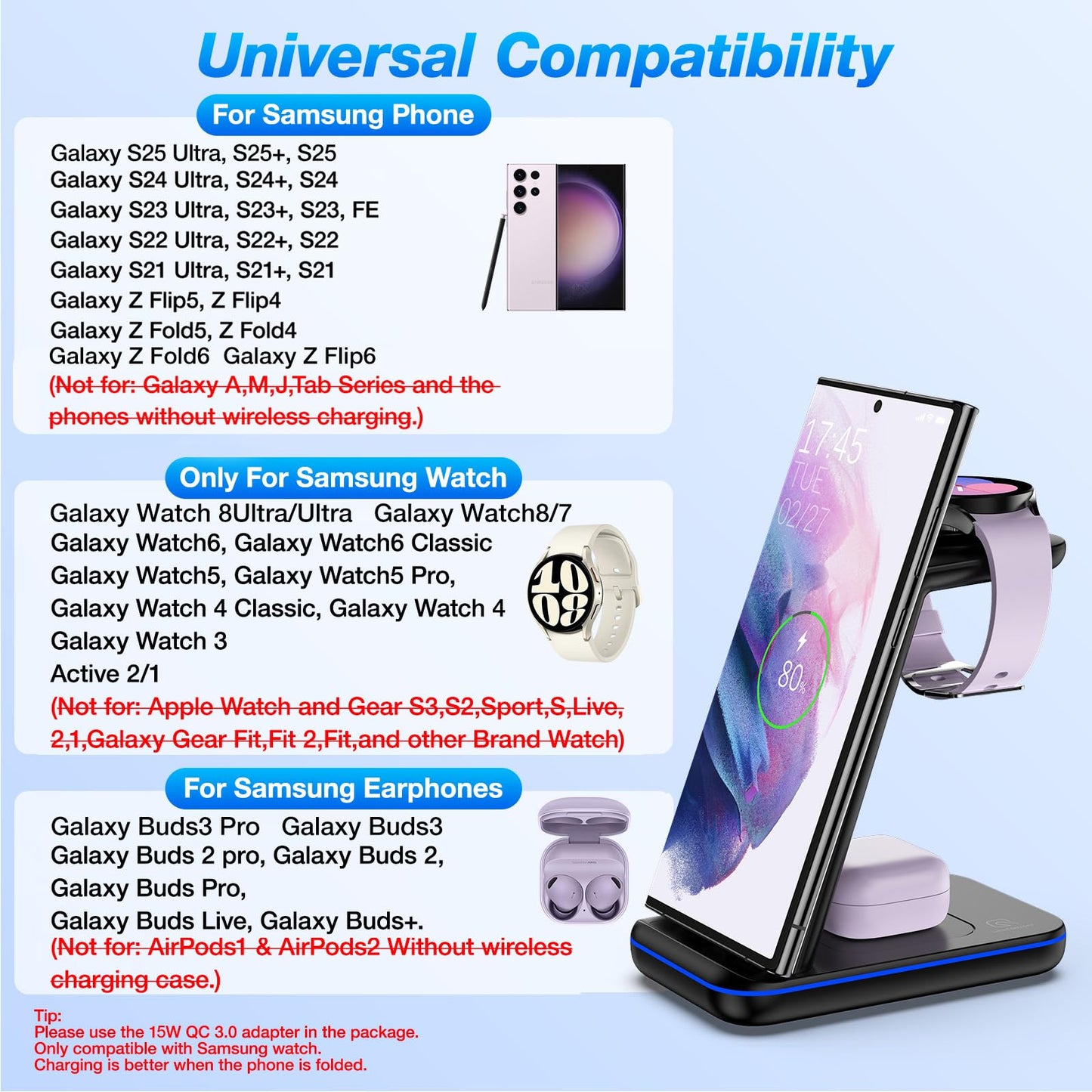 Wireless Charging Station for Samsung/Android, Fast Wireless Watch Charger Station Compatible for Samsung Galaxy S25 Ultra/S24/S23+/Z Flip 7/6 Fold