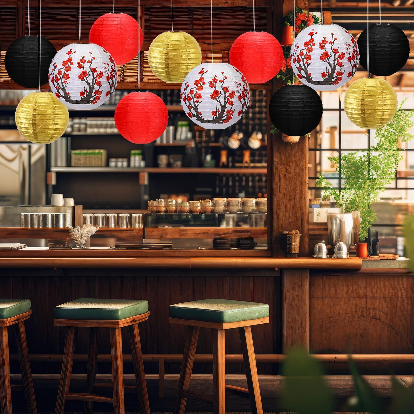 Mudder 20 Pieces Chinese Japanese Paper Lanterns, Cherry Flowers Paper Lanterns for Hibachi Birthday Party Asia Home Restaurant Wedding Home Decor(Red
