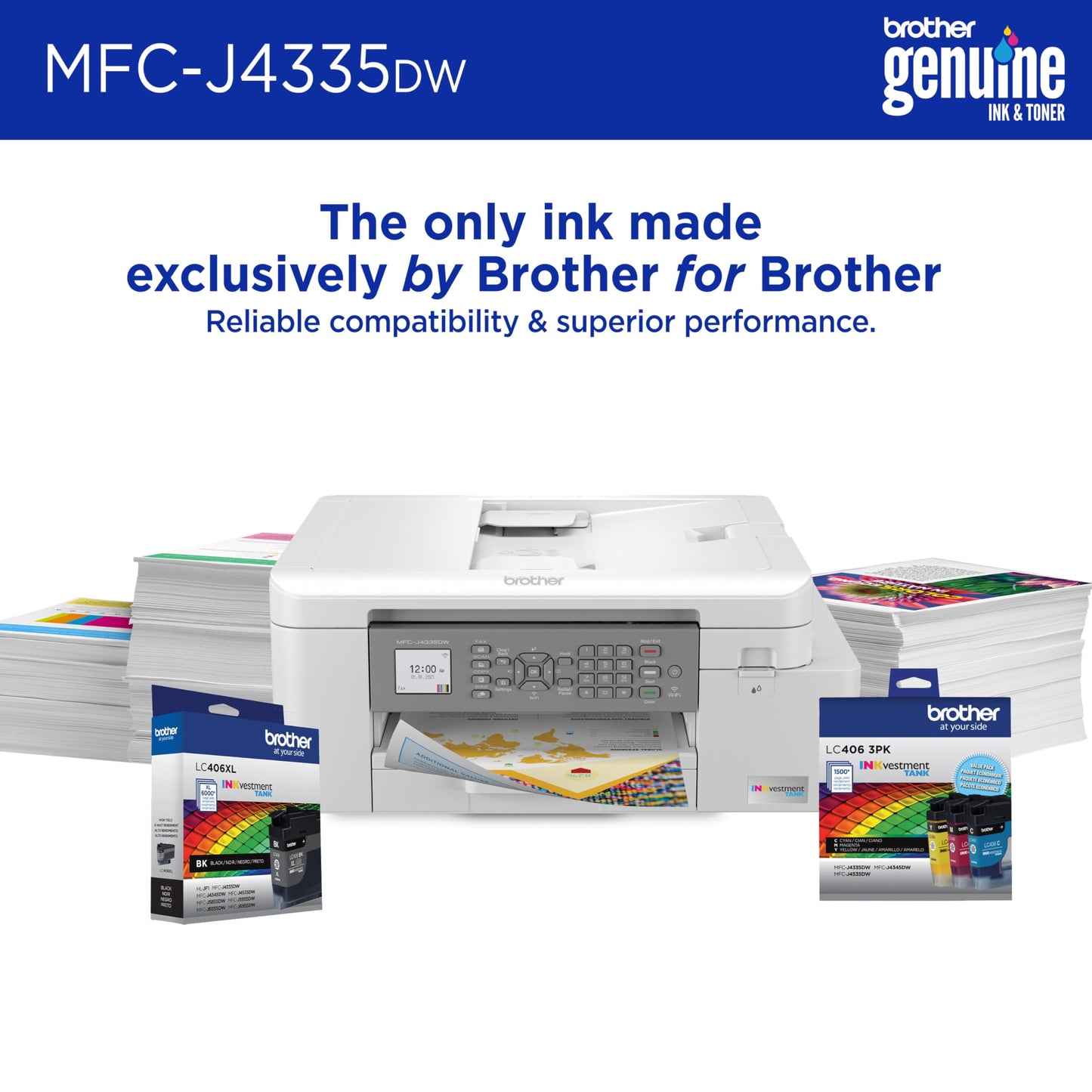 Brother MFC-J4335DW INKvestment Tank All-in-One Color Inkjet Printer Additional Ink Bundle with Duplex and Wireless Printing with Up to 2-Years of Ink
