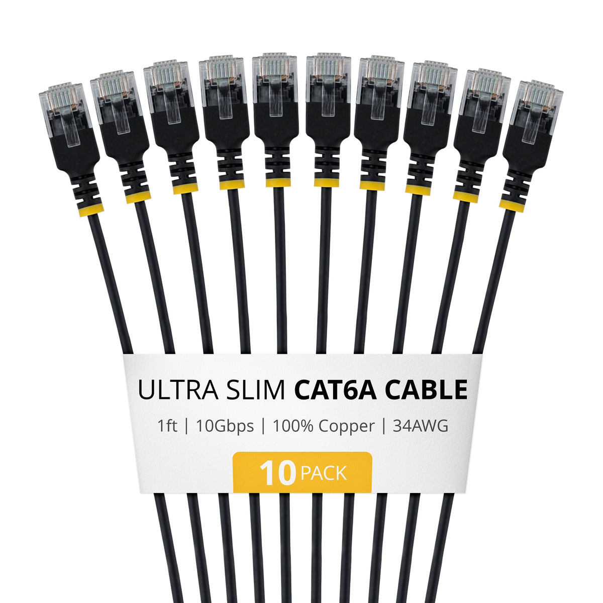 StarTech 1ft Black Ultra Slim Cat6A Ethernet Cable, 10 Pack, UTP, Pure Bare Copper Wire, 34AWG Ultra Slim RJ45 Network Patch Cord