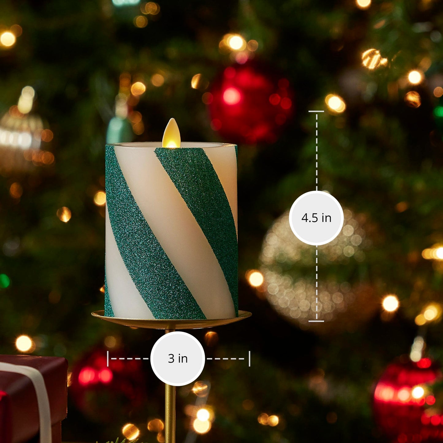 Luminara - Flameless Holiday LED Candle Battery Operated Moving Flame- Green Candy Cane - Pack of 1-4.5" - Unscented Indoor Realistic Flickering Safe
