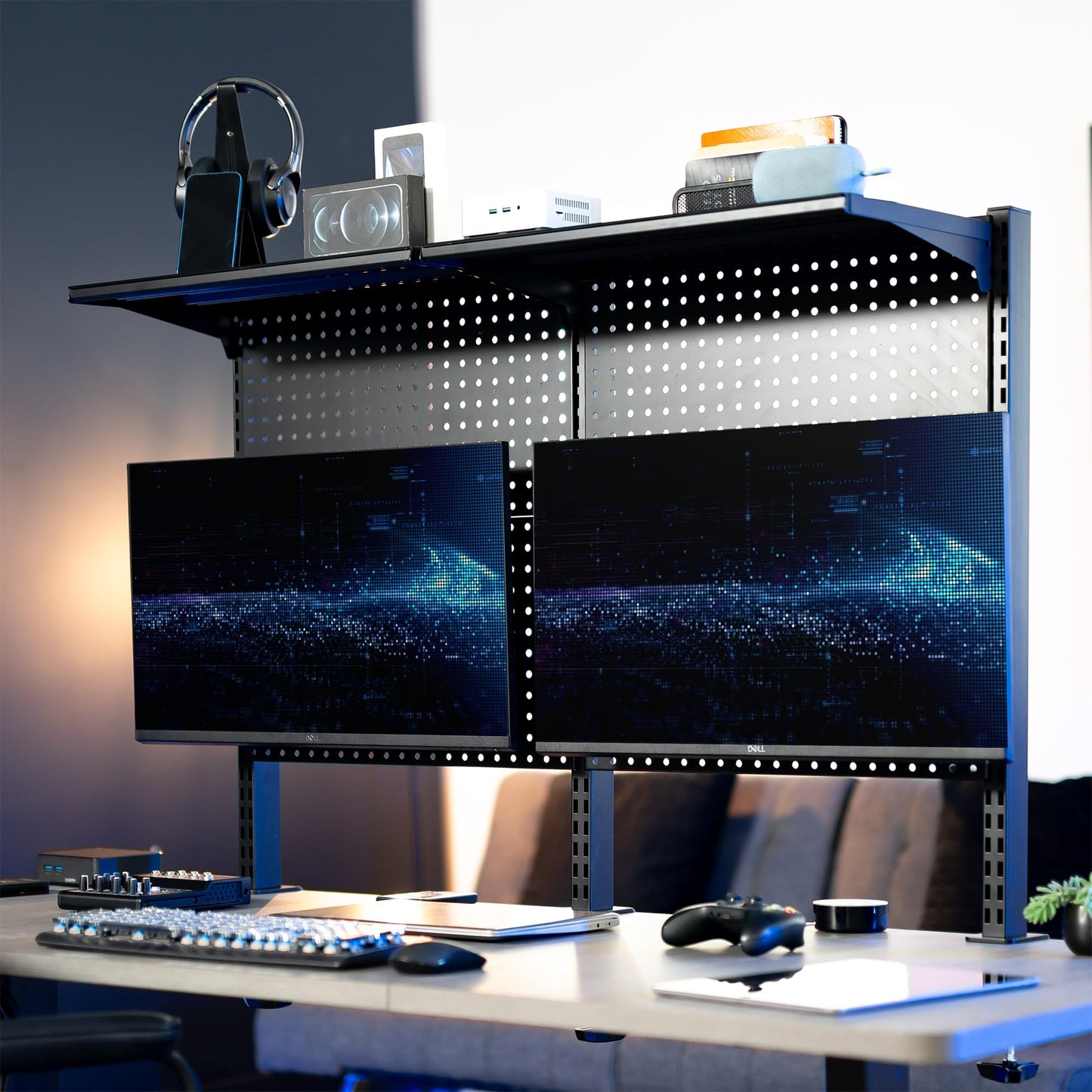 VIVO Steel Triple Clamp 47 x 31 inch Desk Pegboard System with 2 Monitor Mounts and Storage Shelf, Fits up to 32 inch Screens, Office Accessory