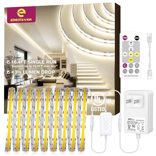 EMITEVER COB LED Light Strip 16.4FT Kit,4000K Natural White,12V Long Run No Voltage Drop for Uniform Brightness,Dimmable,Flexible Tape Light