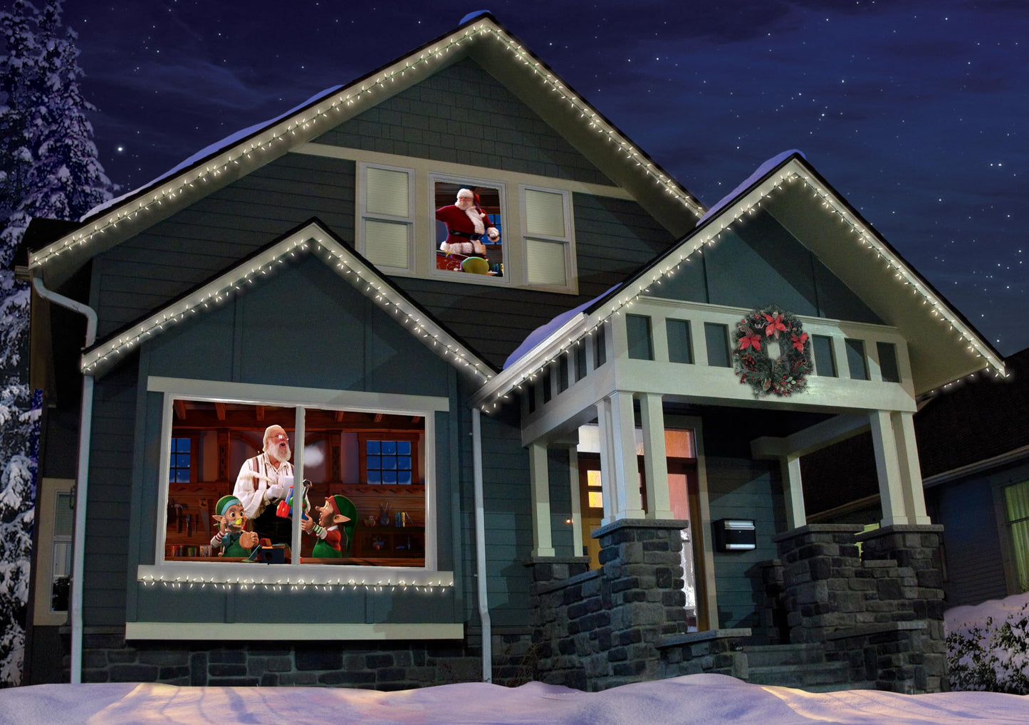 Christmas Digital Decoration Kit Includes AtmosFX Santa's Workshop with 5 Video Effects for Christmas Plus HD Super Bright Projector and 48” x 72”