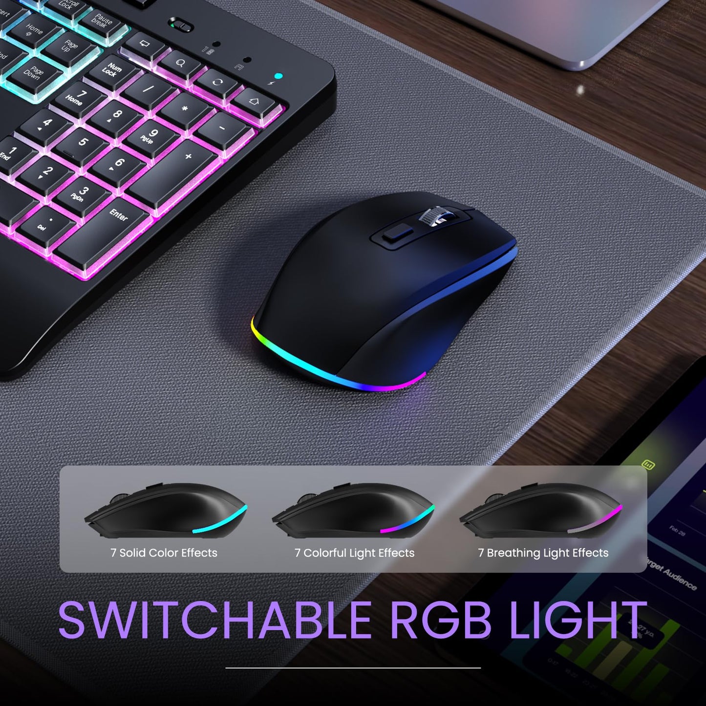 Wireless Keyboard and Mouse Combo- VEILZOR 2.4G Rechargeable Keyboard with Phone Holder, Ergonomic Wrist Rest, 9 RGB Backlit Effects, Silent Keyboard