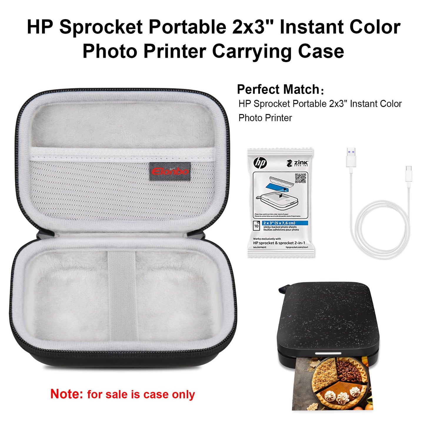 Elonbo Carrying Case for HP Sprocket 2x3” Instant Smartphone Photo Printer, Portable Mini Color Print Digital Camera Hard Travel Bag, Wireless Mobile
