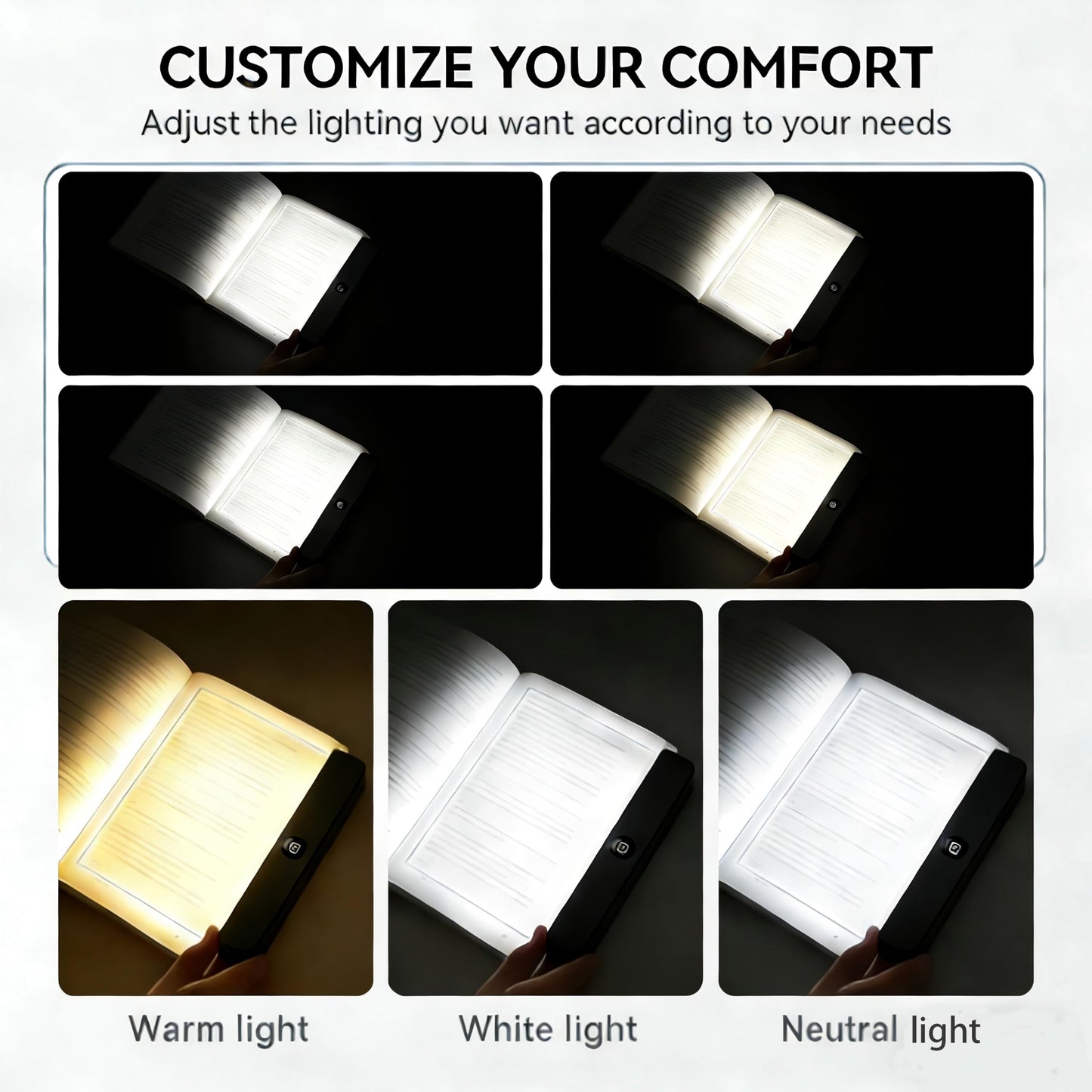 Yeopopshop Smart LED Reading Light, Rechargeable Flat Book Light for Night Reading, Dimmable Full Page Panel Lamp with 3 Colors & Timer, Eye
