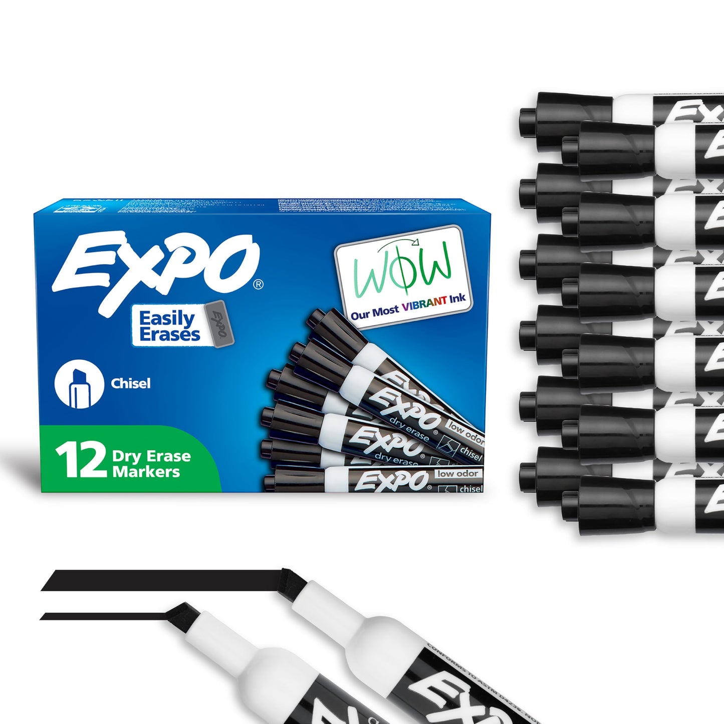 EXPO Dry Erase Markers, Low Odor Ink, Black, Chisel Tip, 12 Count - Whiteboard, Calendar, Organization, Essential Supplies for Office, School