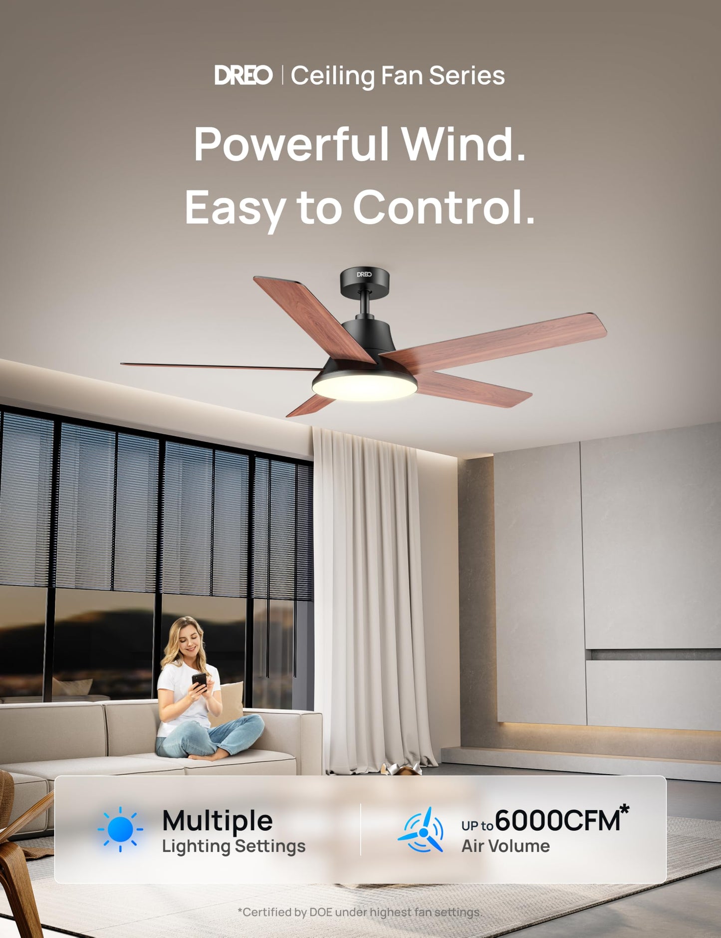 DREO Smart Ceiling Fan with Lights, 52 Inch, 12 Speeds & 3 Fan Modes, Stepless, Dimmable LED Light, Timer, 22dB Quiet DC Motor, Remote/APP/Alexa