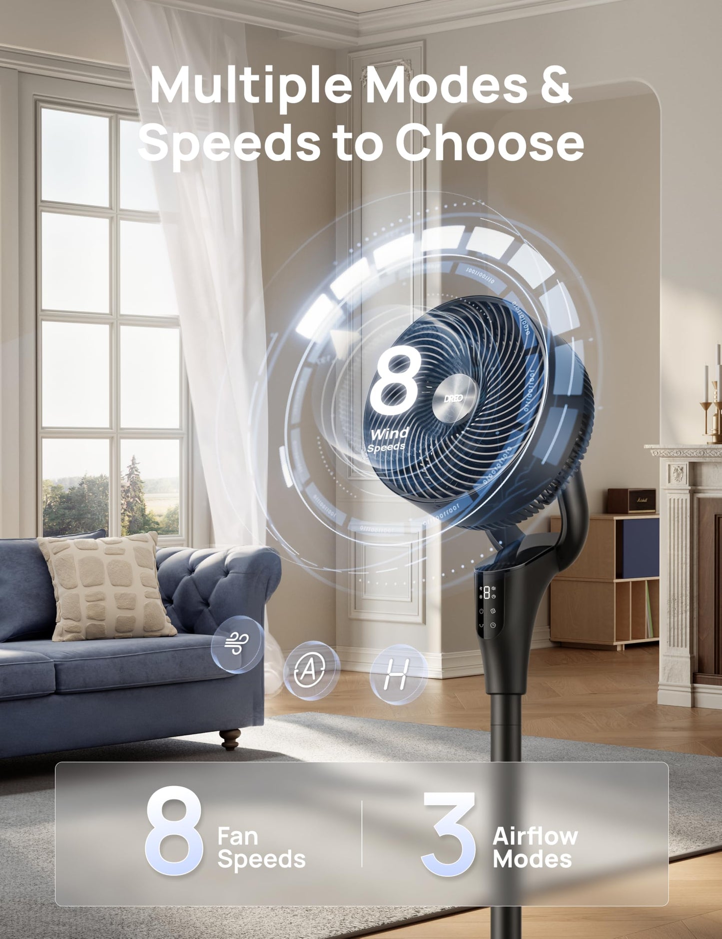 DREO Fan for Bedroom, 2026 Upgraded, 90ft Airflow, Quiet Fan, 90° Oscillating Standing Fan for Whole Room, DC Motor, 8+H Speeds, 3 Modes, 38-42''