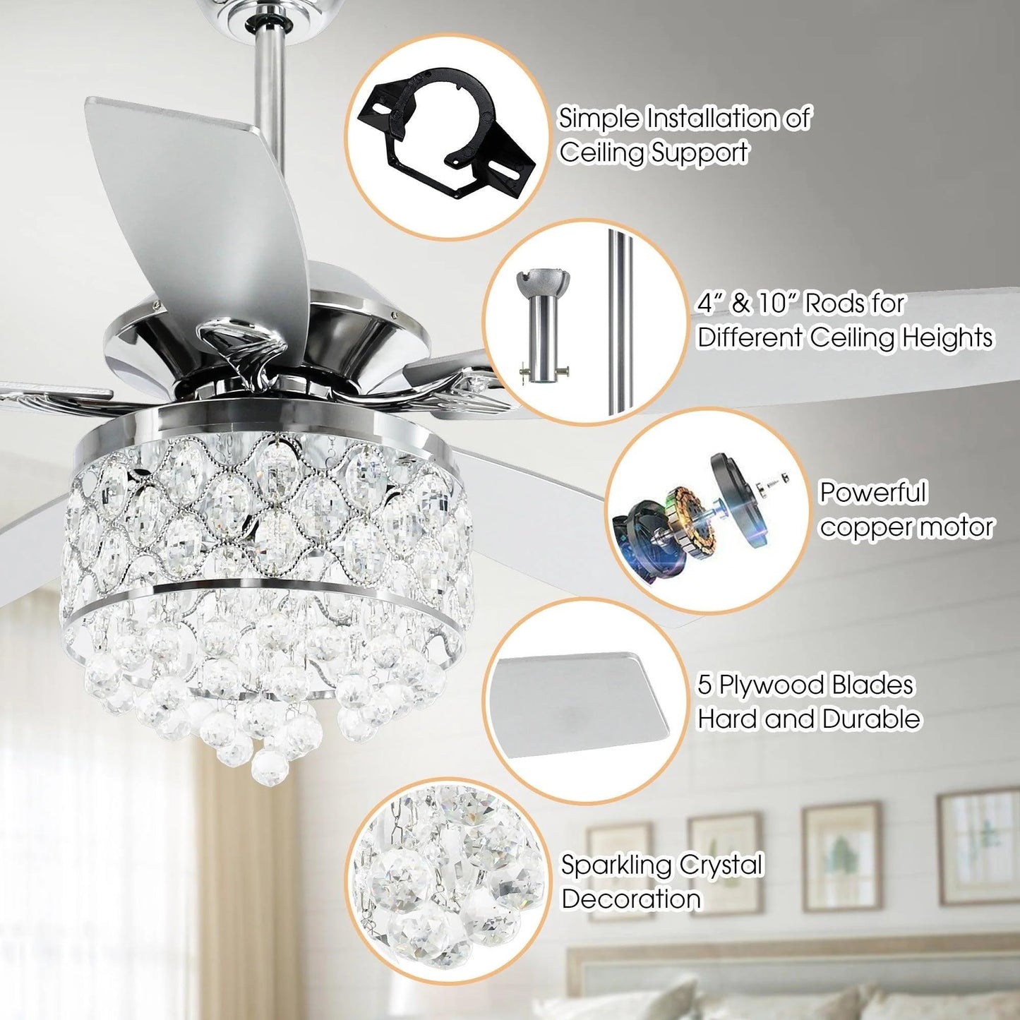 Vaczon 52 Inch Silver Ceiling Fan with Light: Farmhouse Caged Fandelier, Crystal Style Ceiling Fan with Remote, 6 Speeds,Reversible Motor