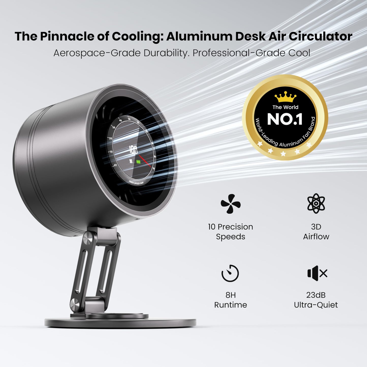 Yibest Titanium Alloy USB Desk Fan, Foldable 3D Airflow Desk Air Circulator, 23dB Quiet BLDC Motor, 5000mAh Battery (8H Runtime), 10 Speeds with LED