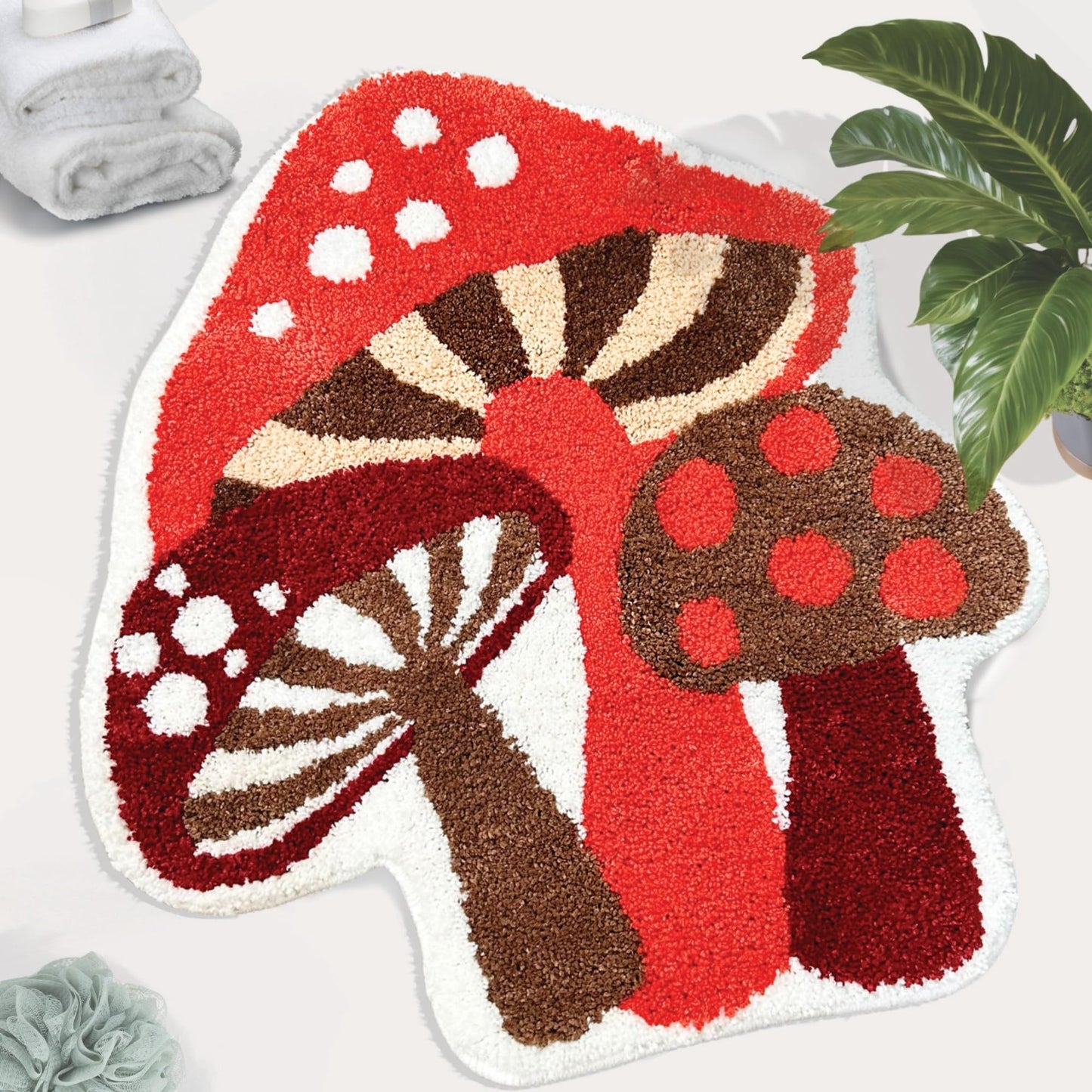 BeauWoven Mushroom Rug - Washable Bath Mat Non-Slip Bathroom Rug Absorbent Mat for Kids and Women Ideal Red Mushroom Decor Rugs for Bedroom, Kitchen