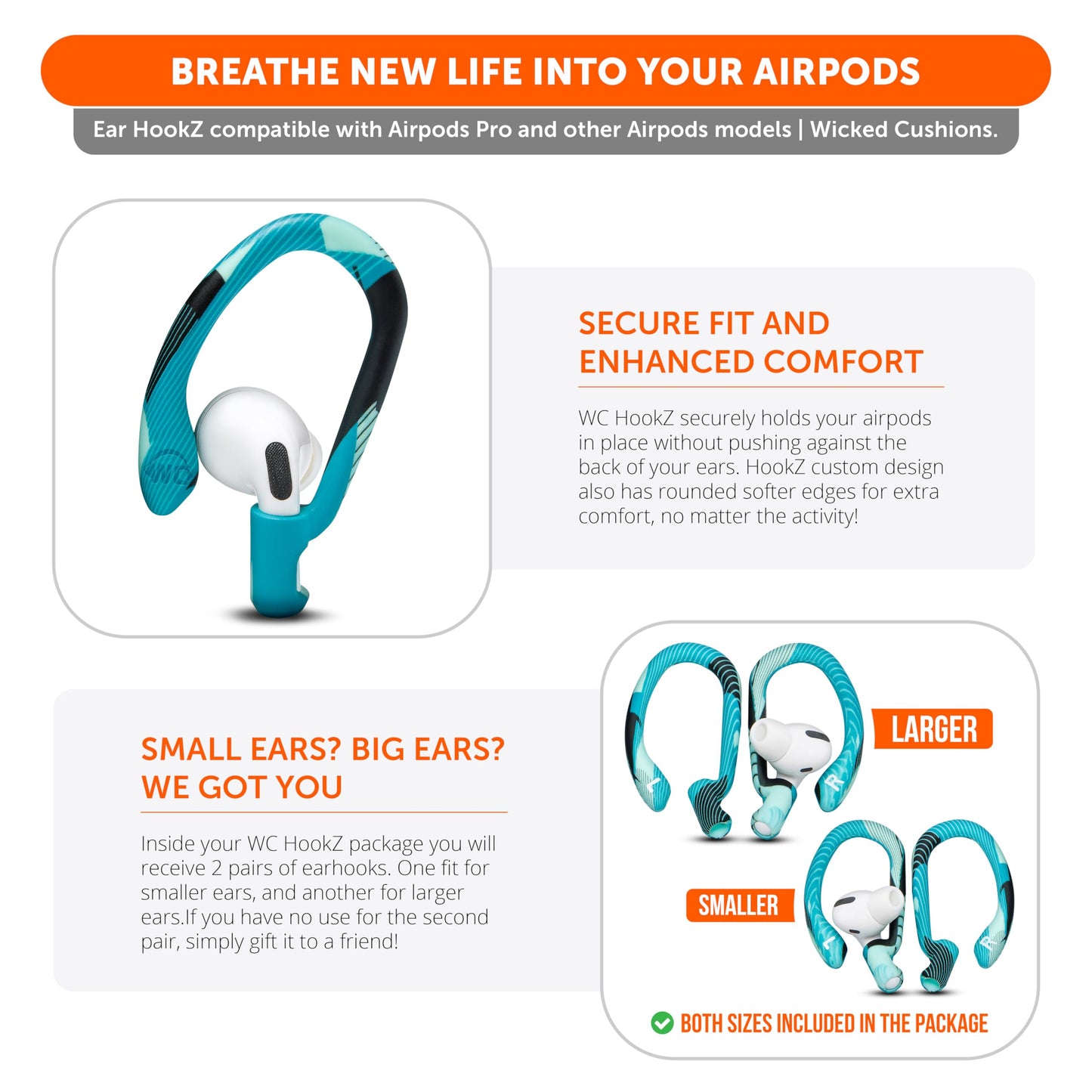 WC HookZ - Patented Upgraded Over Ear Hooks for AirPods Pro 1, 2 & AirPods 1, 2 & 3- Two Size Pairs Included in Package, Unique Left & Right Hook