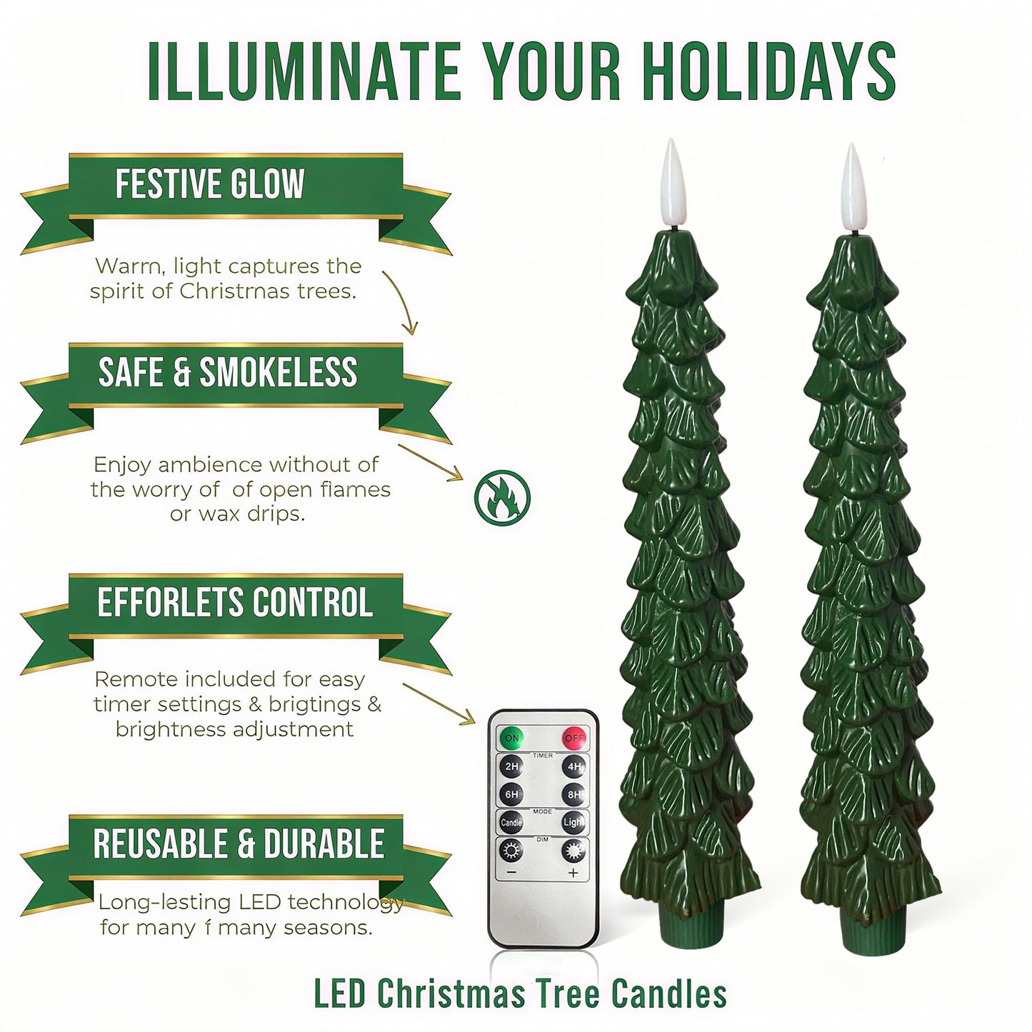 Htscudtg Christmas Tree Candles with Remote Timer, 4 Pcs 9.6" LED Flameless Taper Candles, Battery Operated Xmas Green Tree Shaped Candlesticks