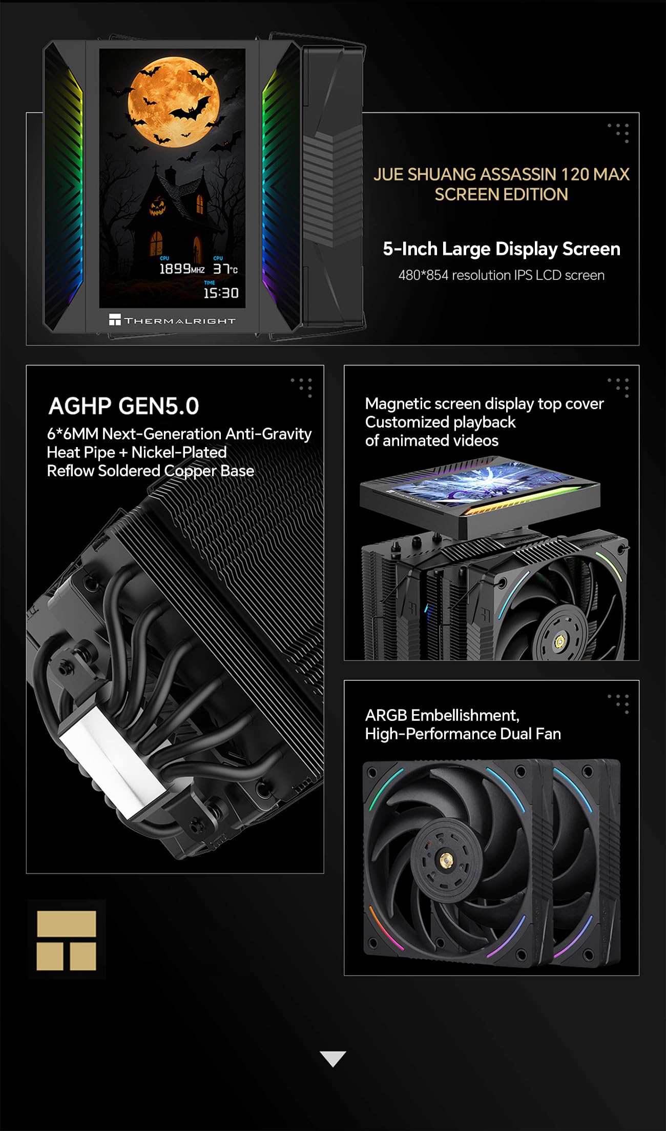 Thermalright Peerless Assassin 120 Vision MAX ARGB CPU Cooler, 5 Inch LCD, TL-K12 2150RPM 120mm Fans, for AMD AM4/AM5, Intel 1851/1700