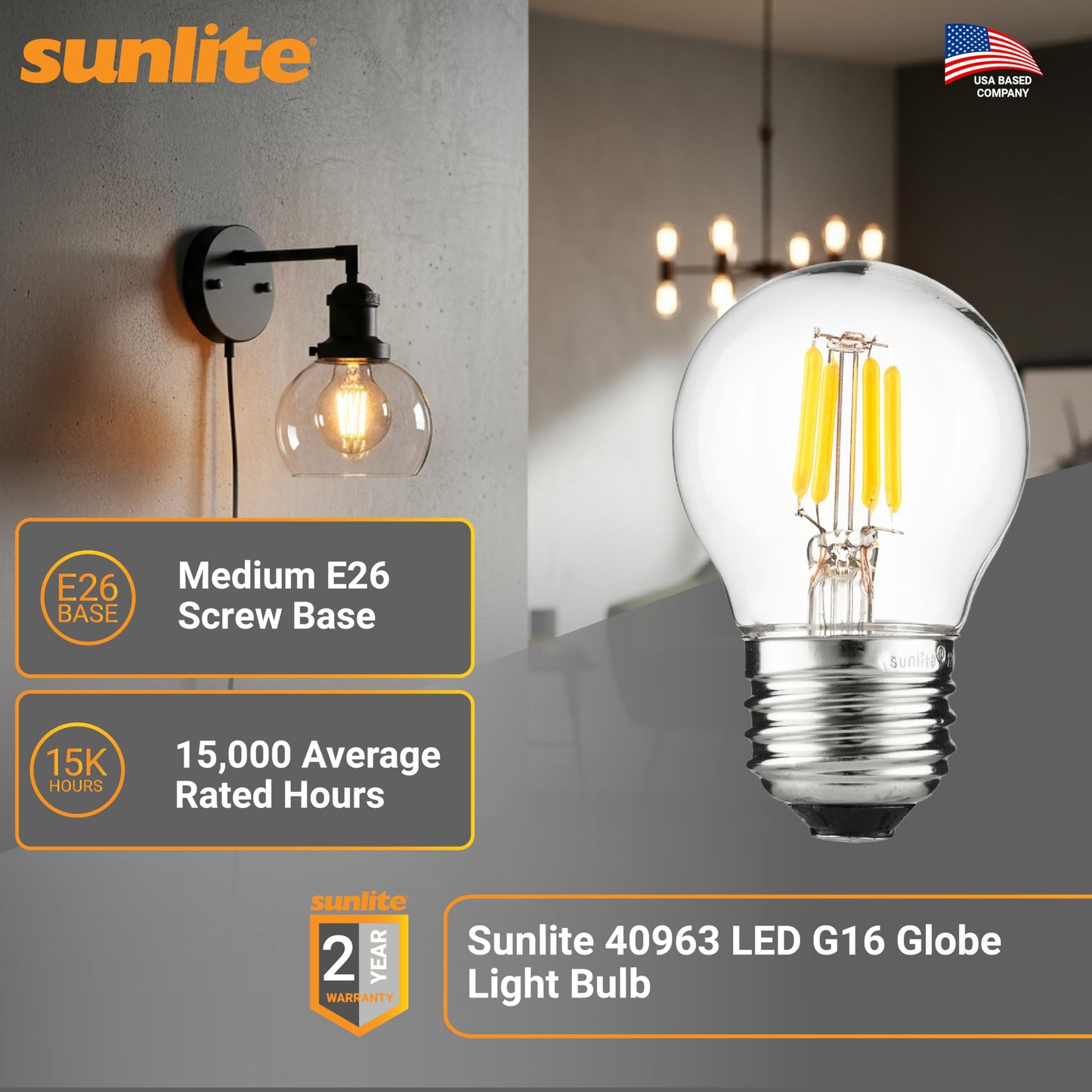 Sunlite LED G16 Filament Globe Light Bulb, 3 Watts (25W Equivalent), 250 Lumens, Dimmable, Medium E26 Base, Short Bulbs for Bedroom, Kitchen, 2700K