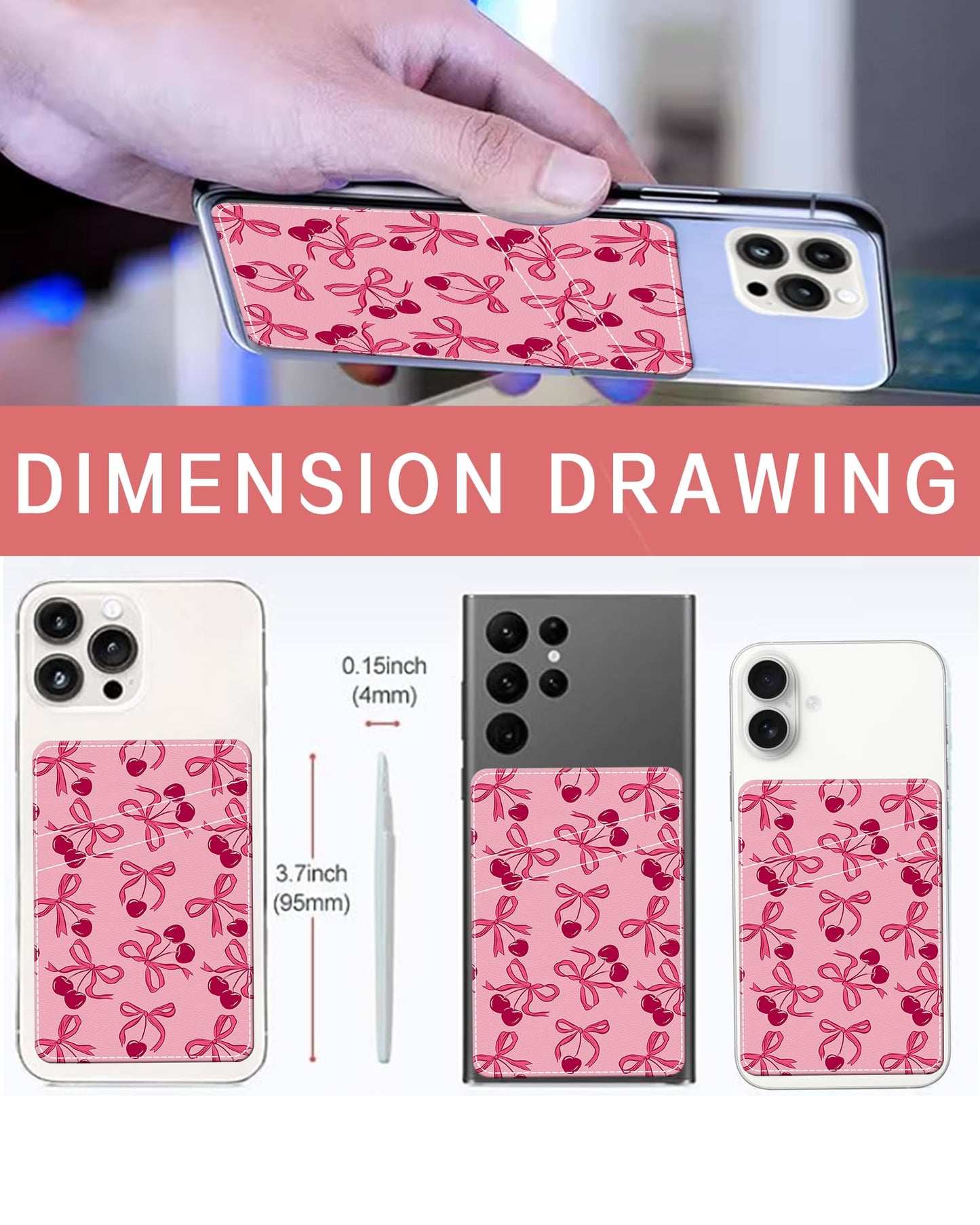 JYCardPKT Phone Card Holder Leather, Dual Pocket Phone Wallet Adhesive Stick On, Cute Phone Case Credit Card Holder, Suitable for Most of Phones Pink