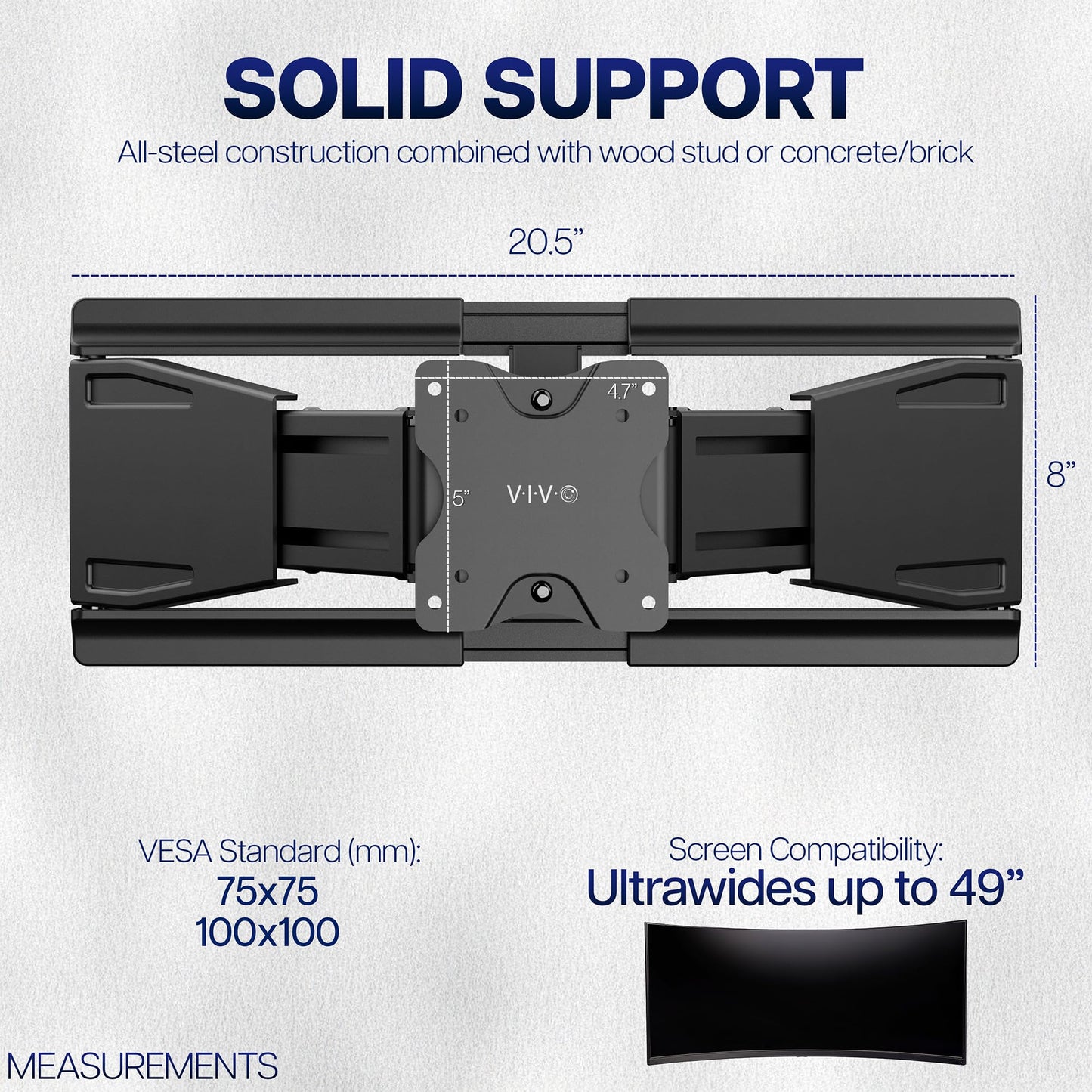 VIVO Telescoping Ultrawide Monitor Wall Mount, Fits up to 49 inch Ultra-wides, Holds 44 lbs, Adjustable Low Profile VESA Bracket, Black, Mount-VWLP2