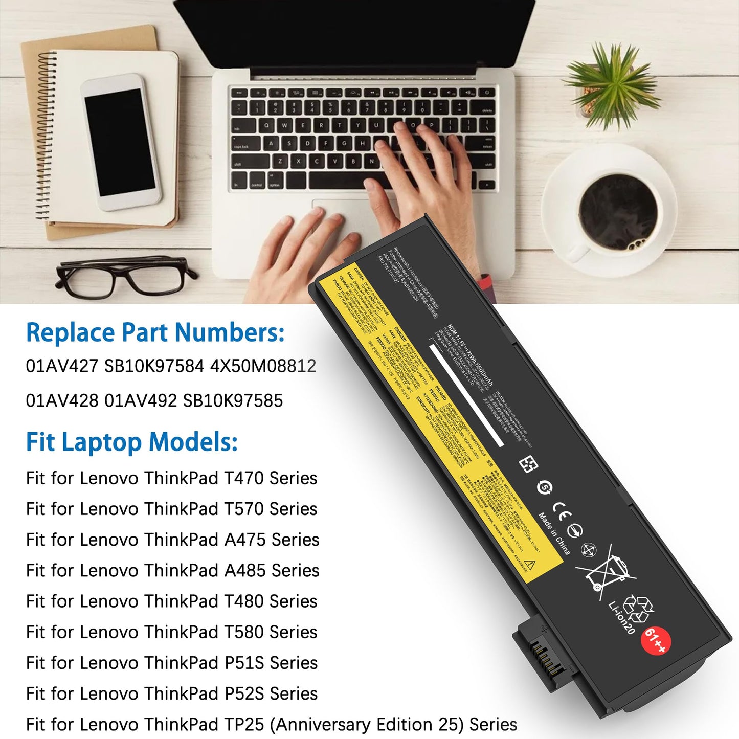 TUXIFPKU 72Wh 61++ 01AV427 01AV425 Laptop Battery Compatible with Lenovo ThinkPad T470 T480 P51S P52S TP25 T570 T580 A485 A475 Series SB10K97584